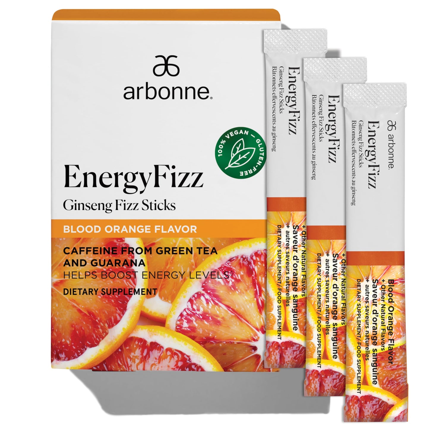 Arbonne Ginseng Energy Supplements - Blood Orange Flavor Fizz Sticks, Energy Boost with Caffeine Powder from Guarana and Green Tea, Delicious