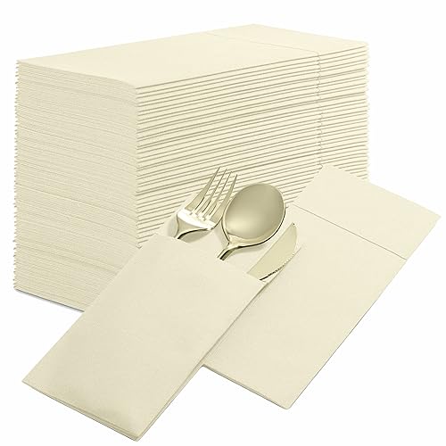 50-Pack Disposable Linen-Feel Dinner Napkins with Built-in Flatware Pocket, CREAM Prefolded Cloth Like Paper Napkins For Dinner, Wedding Or Party