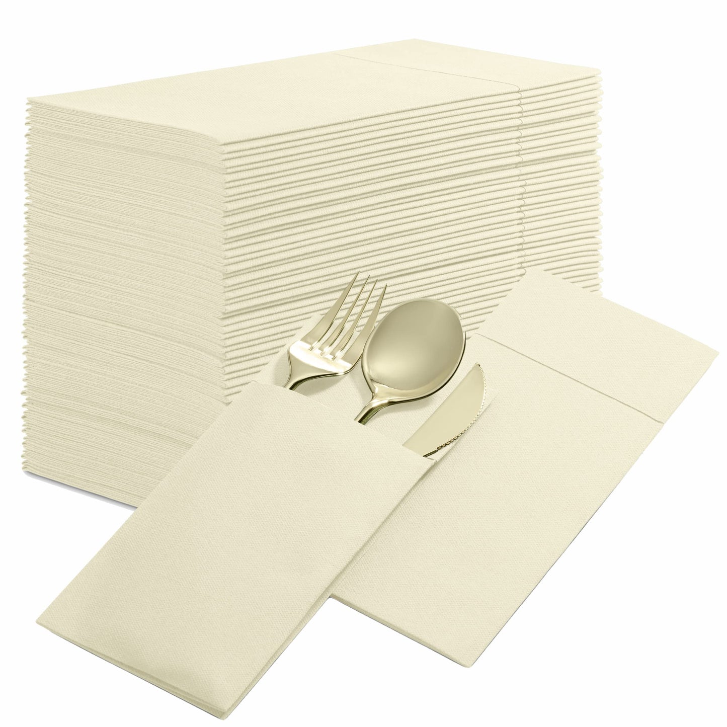 50-Pack Disposable Linen-Feel Dinner Napkins with Built-in Flatware Pocket, CREAM Prefolded Cloth Like Paper Napkins For Dinner, Wedding Or Party
