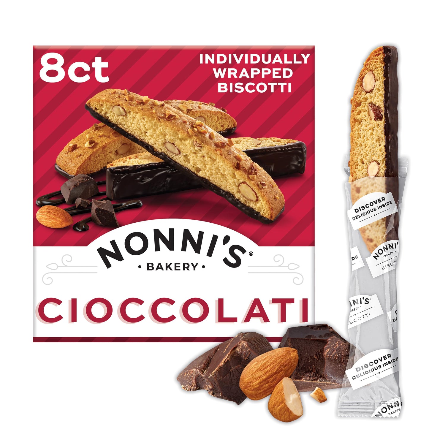 Nonni's Cioccolati Dark Chocolate Almond Biscotti, Individually Wrapped Italian Cookie Snacks, 8 Servings (Pack of 1)