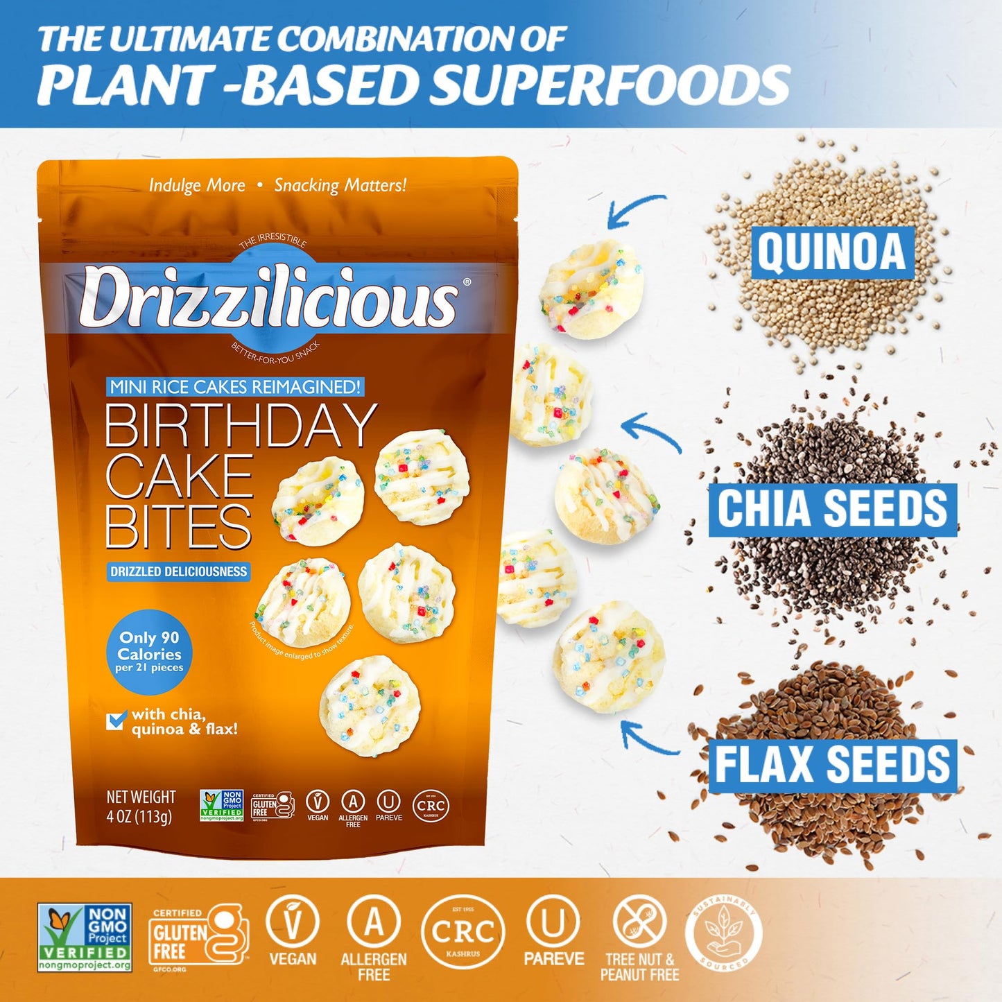 Drizzilicious Mini Flavored Rice Cakes Birthday Cake - Rice Crisps, Healthy Snack for Adults and Kids, Vegan, Gluten Free Snack, Allergen Free, Only