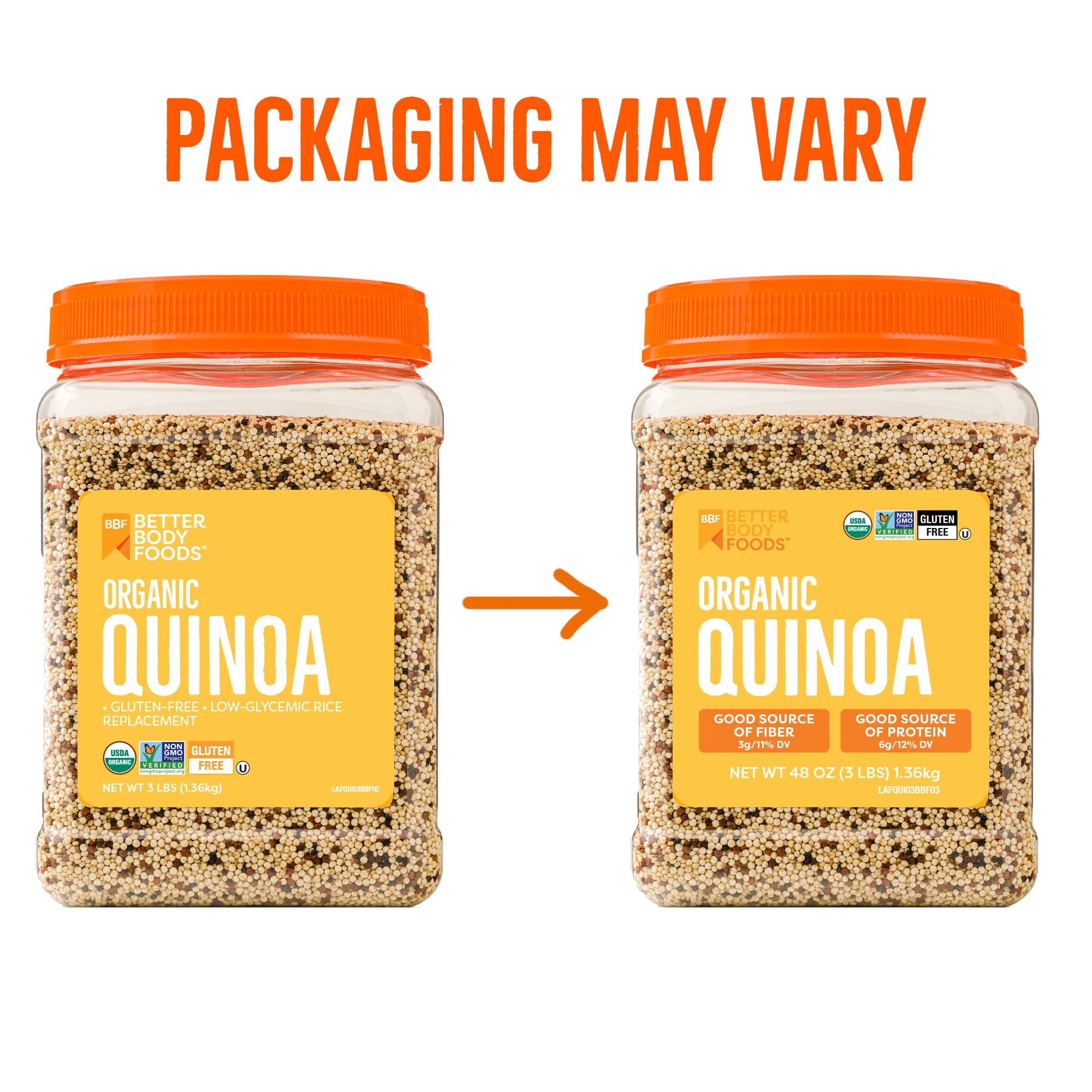 BetterBody Foods Organic Quinoa, Vegan, Gluten Free, Low Glycemic Rice Replacement, 3 Lb