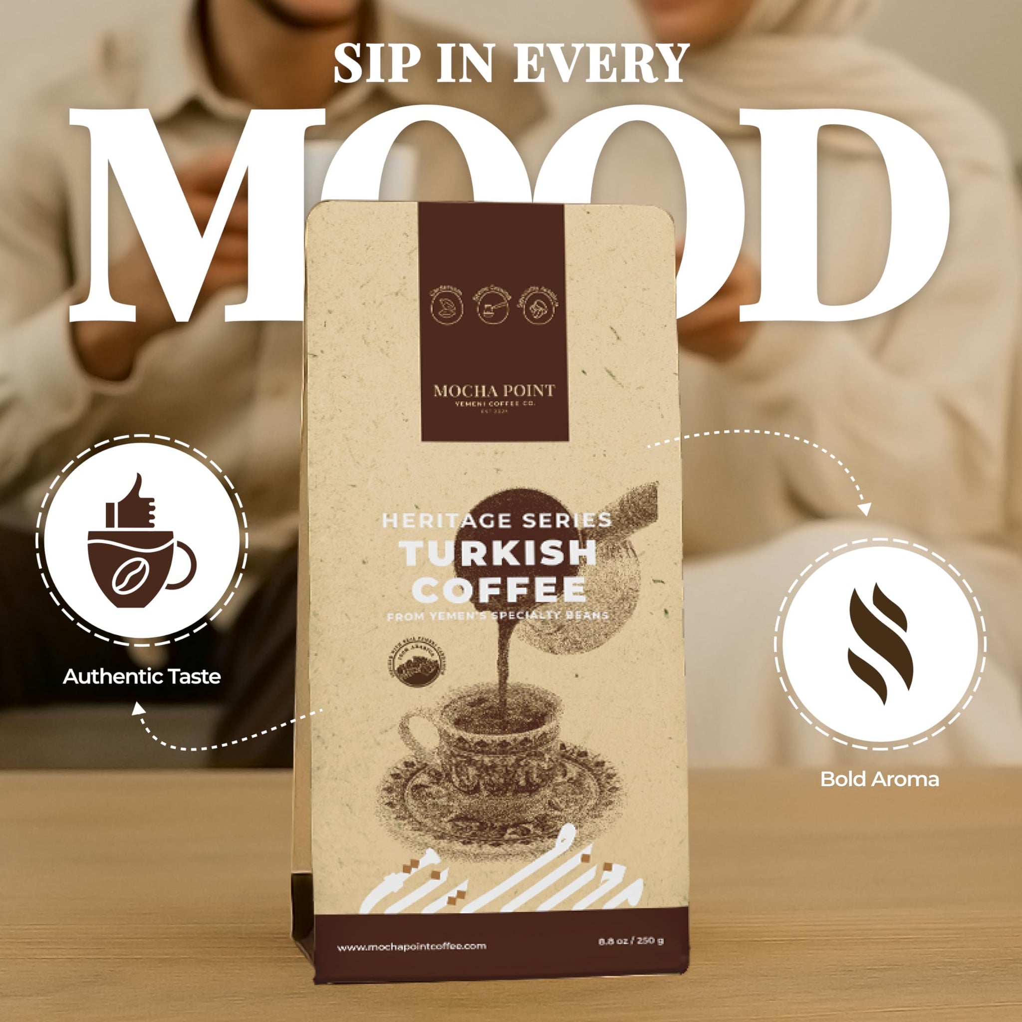 Mocha Point Turkish Coffee with Cardamom ground - 100% Yemeni Arabica Turkish Coffee Beans - Traditional Middle Eastern Blend - Rich & Smooth Ground