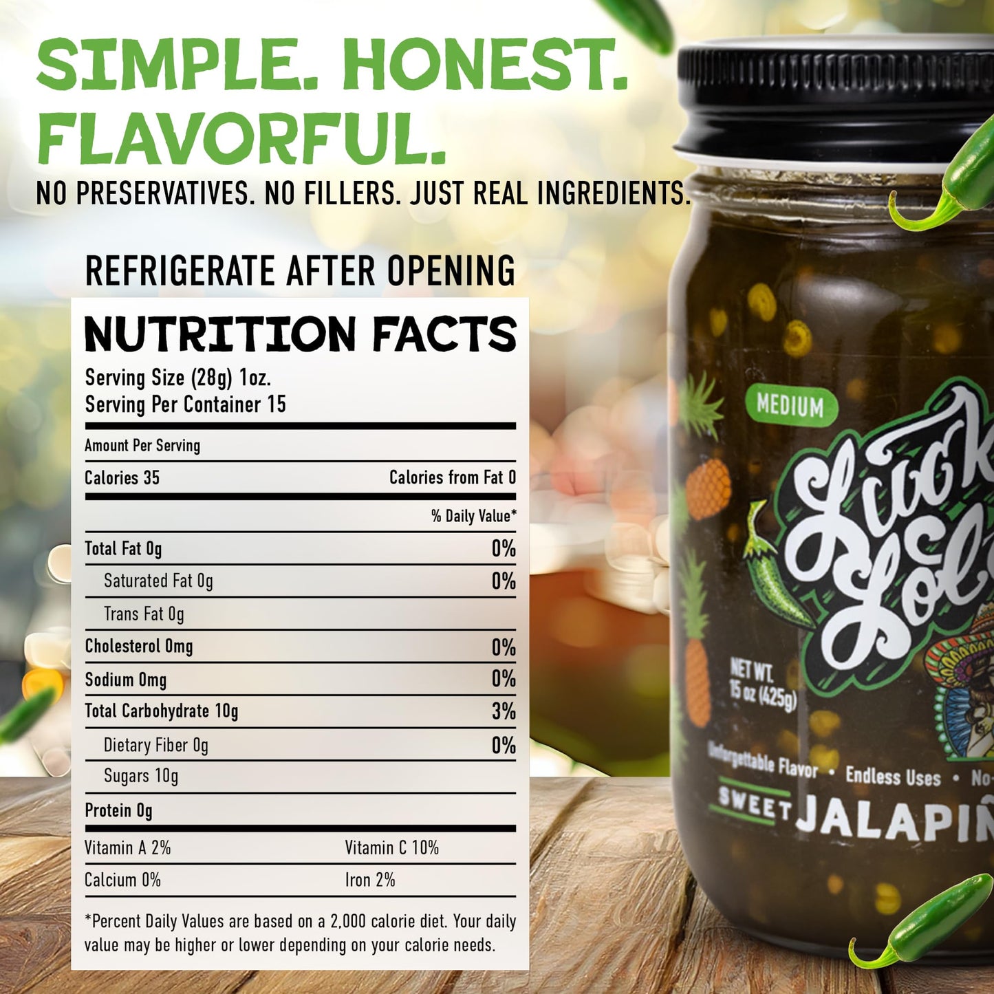 Lucky Lola's Sweet Jalapiña Heat, Jarred Jalapenos, 0g Sodium, 0g Fat, Single Jar 15 oz