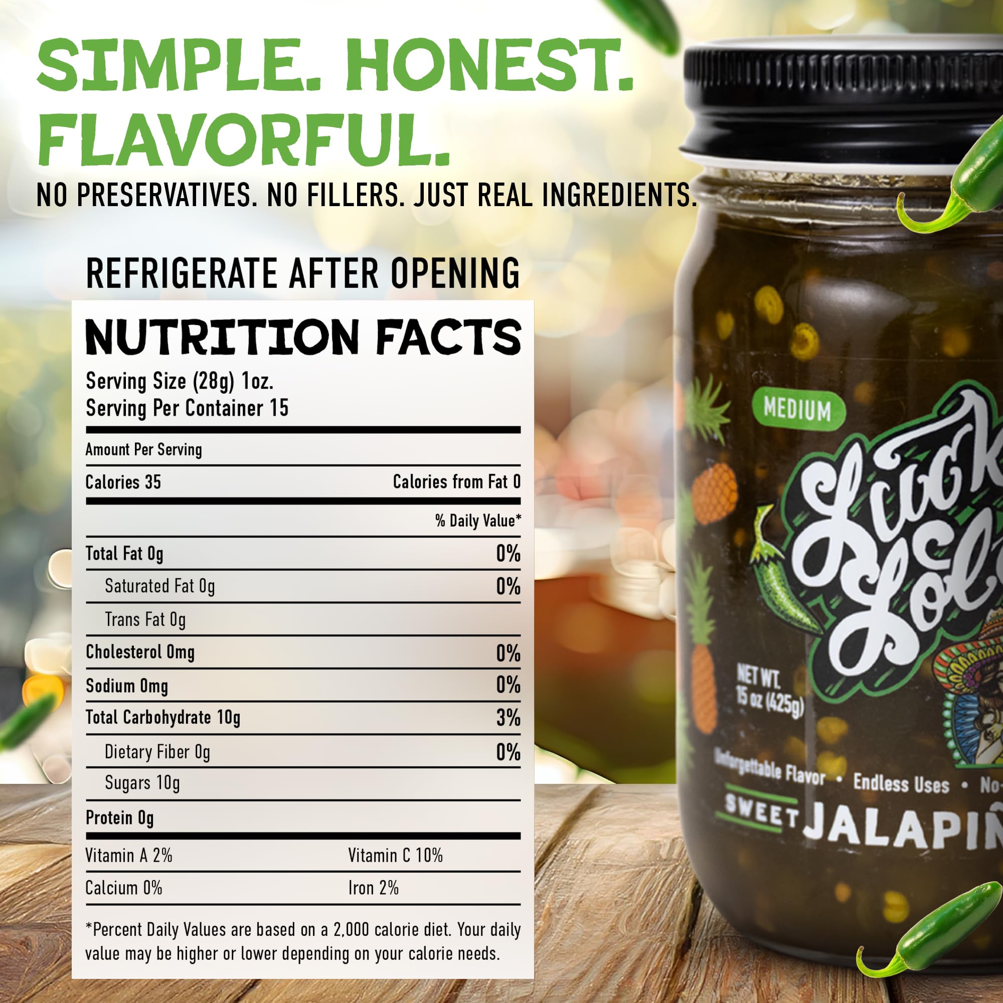 Lucky Lola's Sweet Jalapiña Heat, Jarred Jalapenos, 0g Sodium, 0g Fat, Single Jar 15 oz