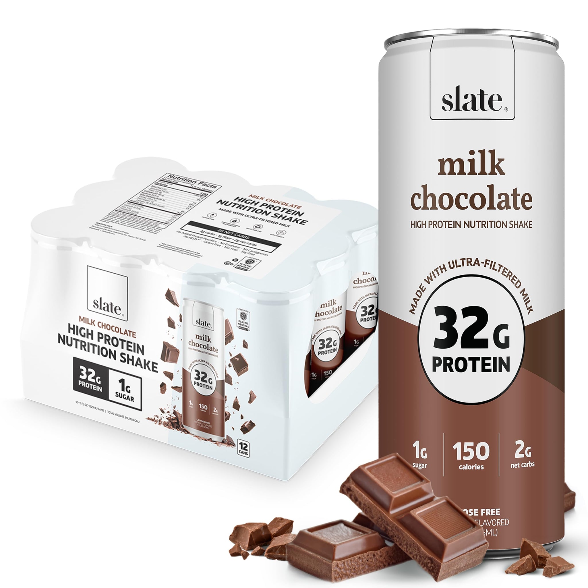 Slate Milk - High Protein Nutrition Shake - Milk Chocolate - 32g Protein, 1g Sugar, 150 Calories, 2g Net Carbs - Lactose Free - No Added Sugar