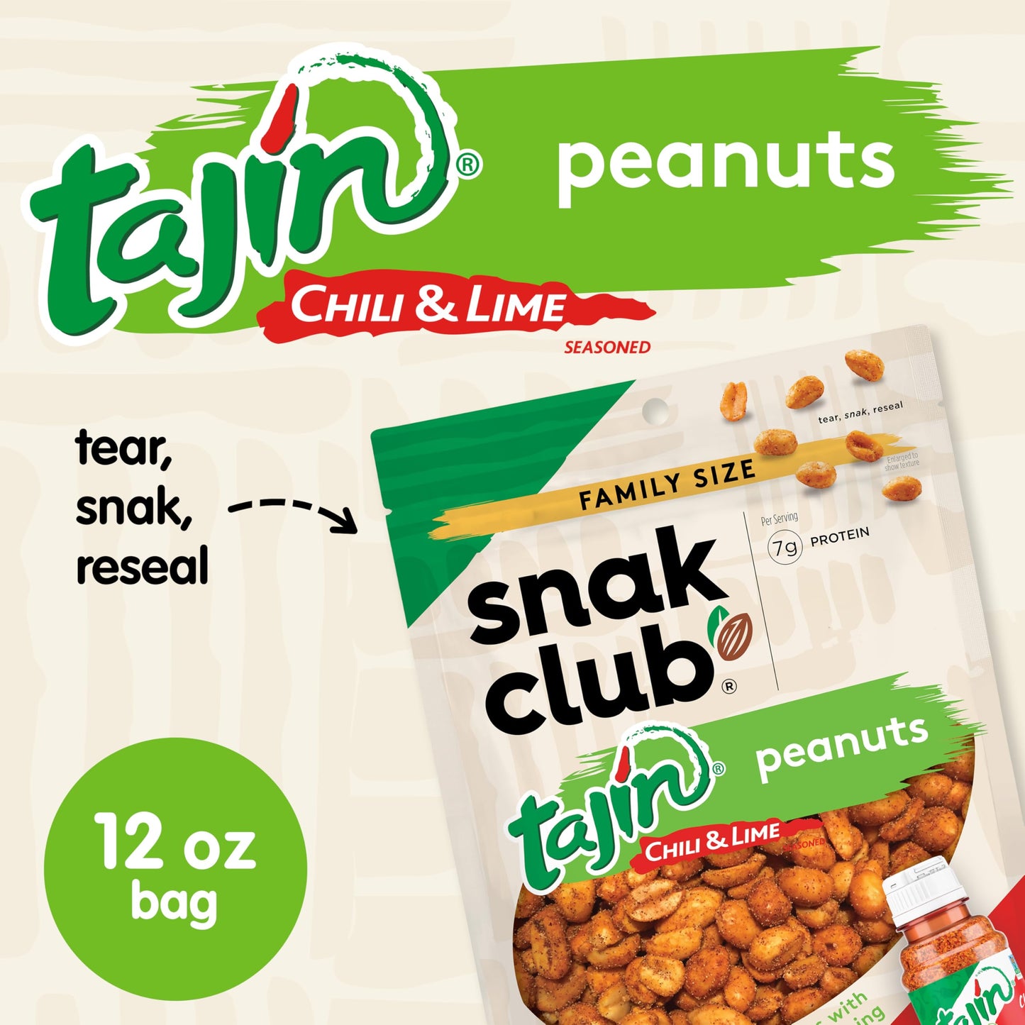 Snak Club Tajin Peanuts, Roasted Nuts with Chili and Lime Seasoning, Mild, 12 oz Resealable Bag