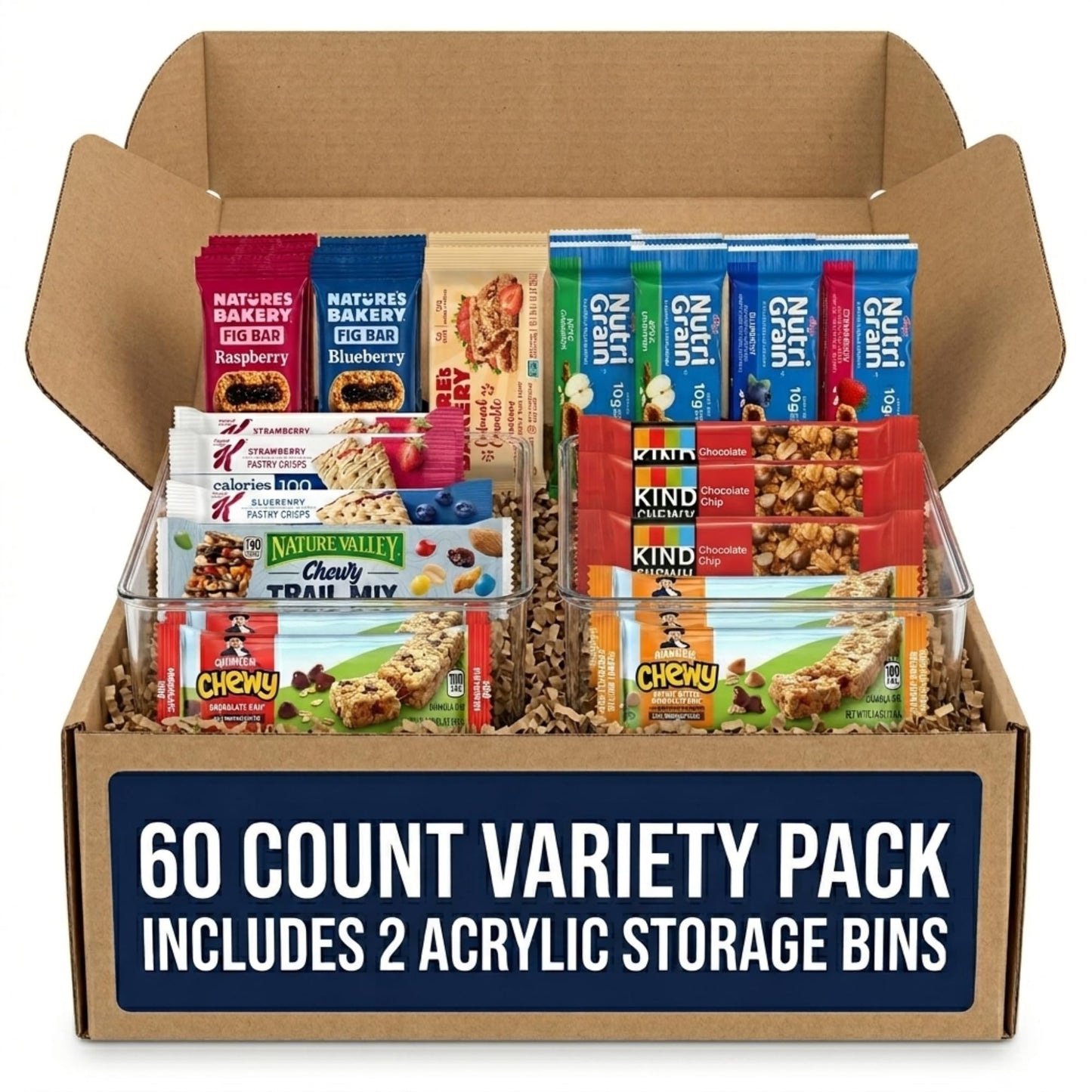 Granola Bars Bulk (60) Count Variety Pack with 2 Acrylic Storage Container, Healthy Breakfast Bars Snack Box, Assorted Chewy Oat Bars, Cereal Bars