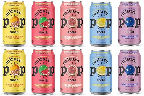 Culture Pop Sparkling Probiotic Soda 5 Flavor Variety Pack 40 Calories per can, Vegan, Non-GMO | 12 Fl Oz Cans Pack of 10