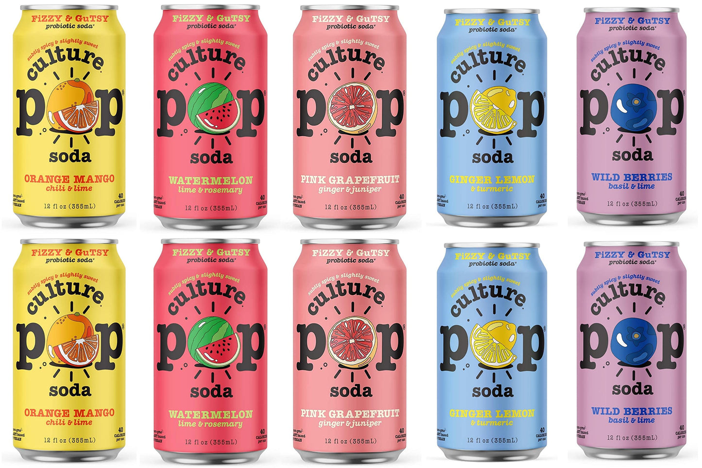 Culture Pop Sparkling Probiotic Soda 5 Flavor Variety Pack 40 Calories per can, Vegan, Non-GMO | 12 Fl Oz Cans Pack of 10