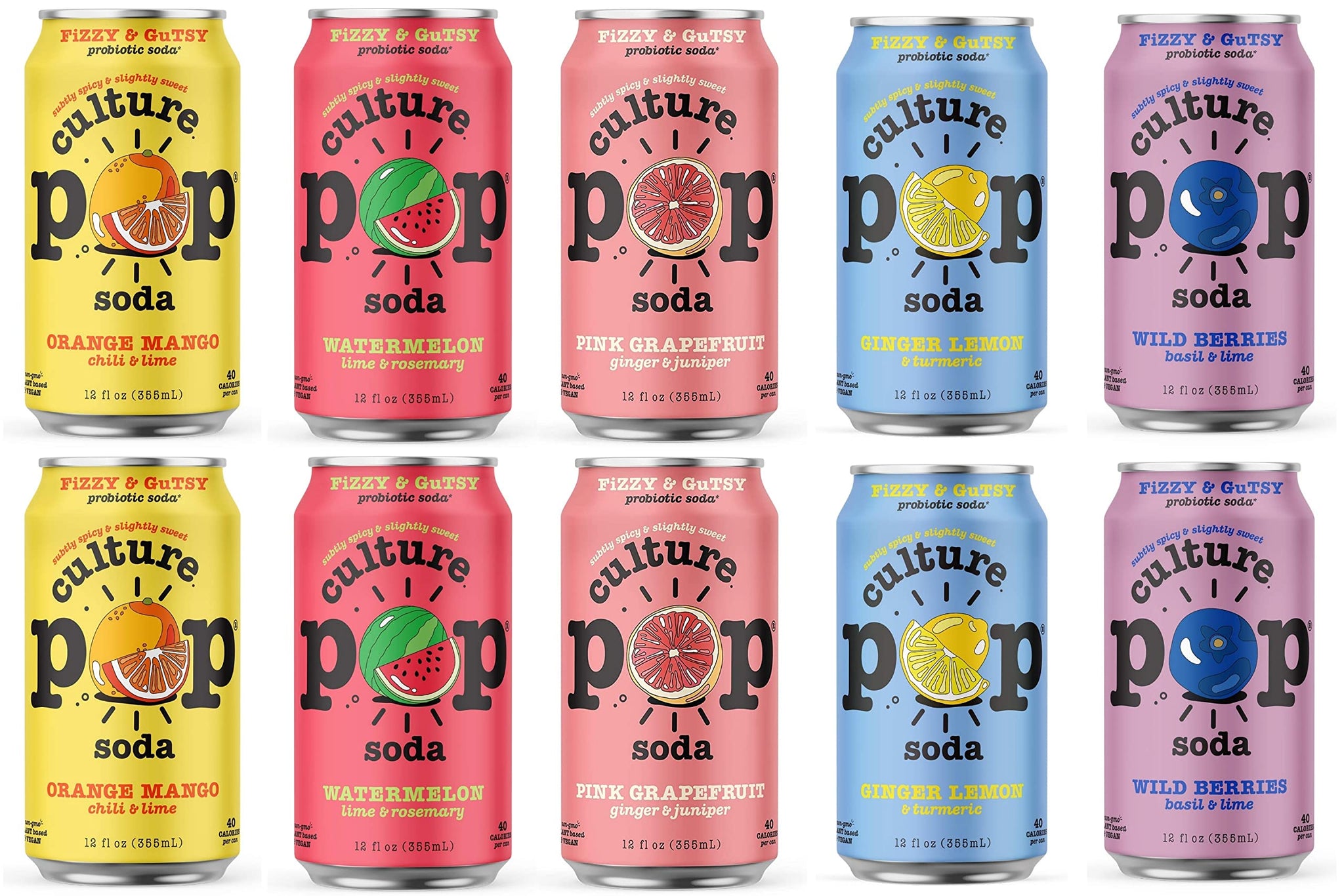 Culture Pop Sparkling Probiotic Soda 5 Flavor Variety Pack 40 Calories per can, Vegan, Non-GMO | 12 Fl Oz Cans Pack of 10