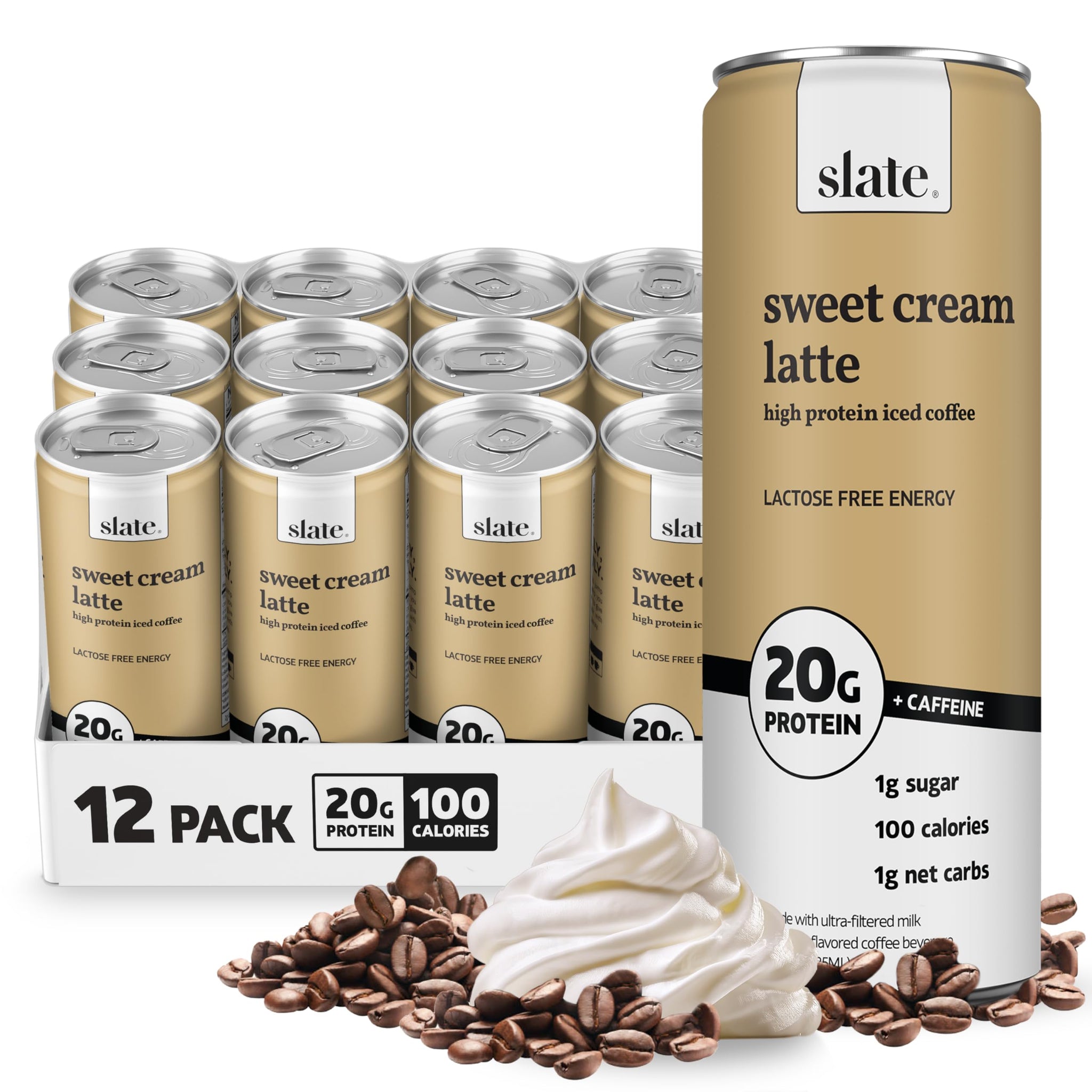 Slate Milk - High Protein Iced Coffee - Sweet Cream Latte - 175mg Caffeine, Lactose Free Energy - 20g Protein, 1g Sugar, 100 Calories, 1g Net Carbs