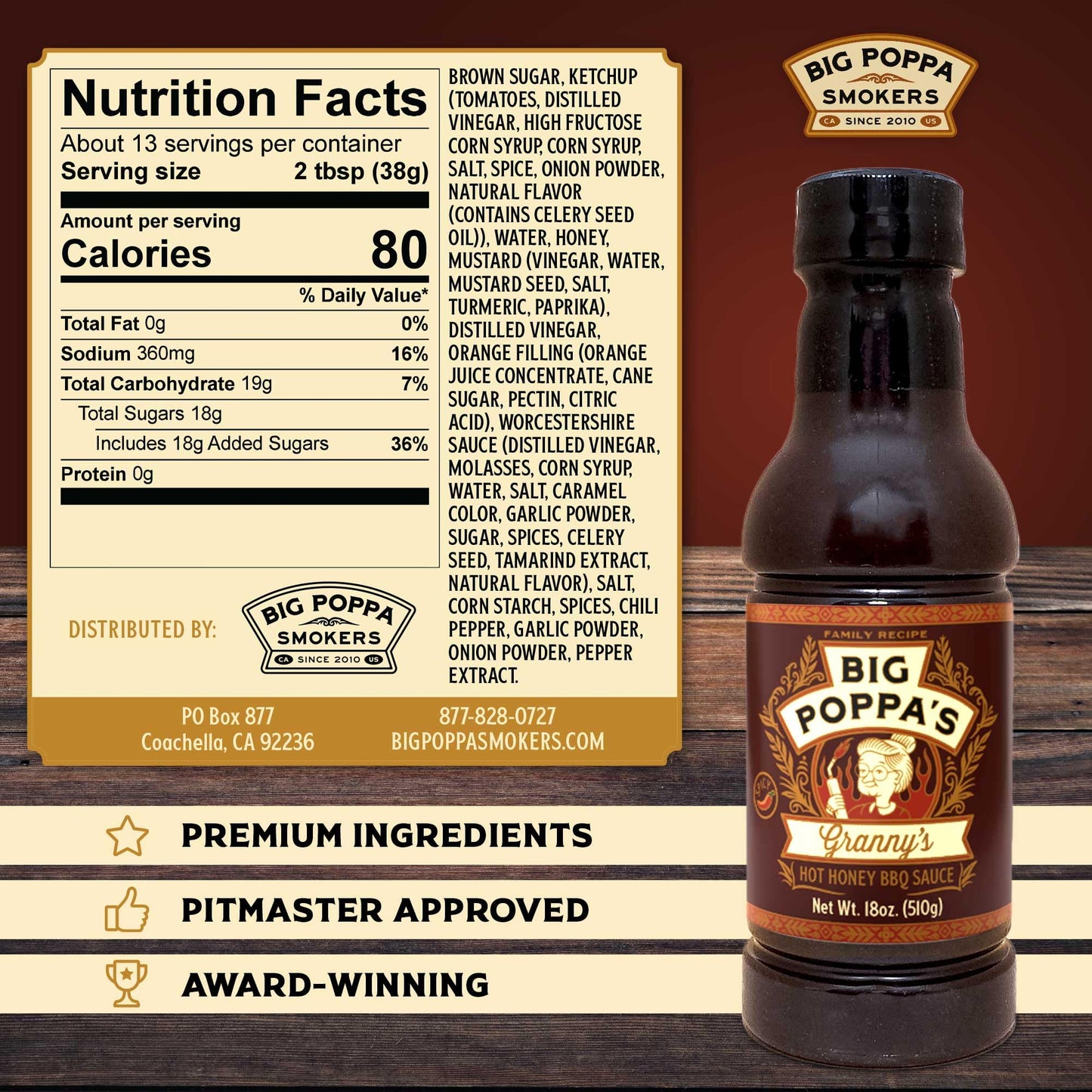 Big Poppa’s Granny’s Hot Honey BBQ Sauce - Award-Winning BBQ Sweet & Mild Hot Sauce for Ribs, Wings, and Pulled Pork - Thin Glaze-Style Flavor