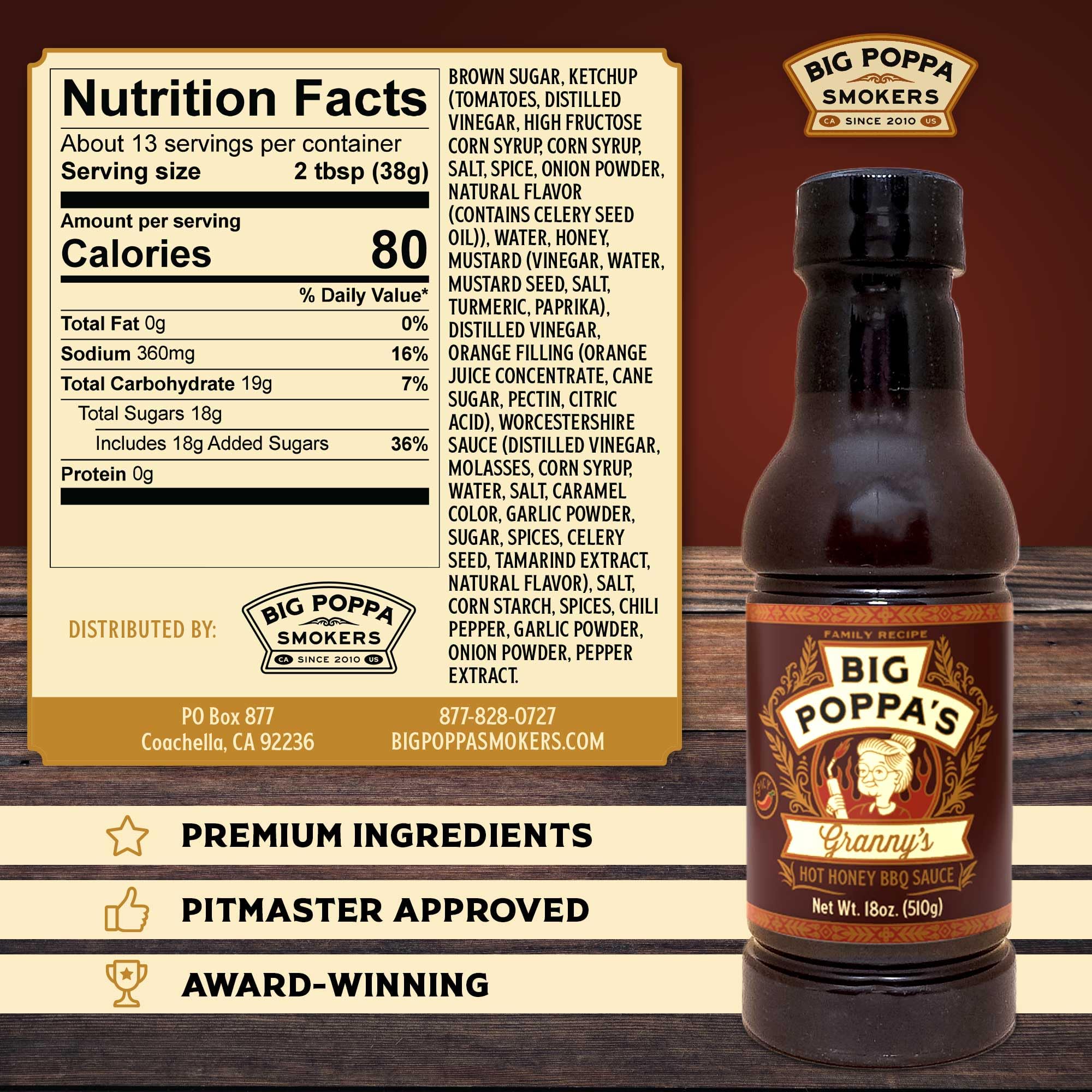 Big Poppa’s Granny’s Hot Honey BBQ Sauce - Award-Winning BBQ Sweet & Mild Hot Sauce for Ribs, Wings, and Pulled Pork - Thin Glaze-Style Flavor