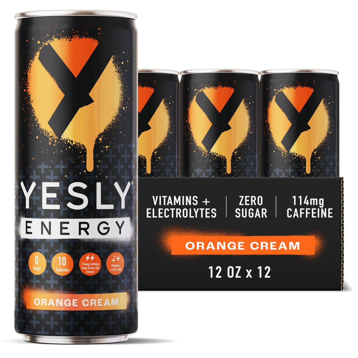 Yesly Energy Drink, Orange Cream, Naturally Flavored Sparkling Energy Drink With Electrolytes, Magnesium, Potassium, Vitamin C, B6 & B12, Natural