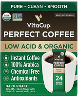 VitaCup Perfect Low Acid Instant Coffee Packets, Dark Roast Coffee, USDA Organic & Fair Trade, Third Party Tested for Mycotoxins & Pesticides, Single