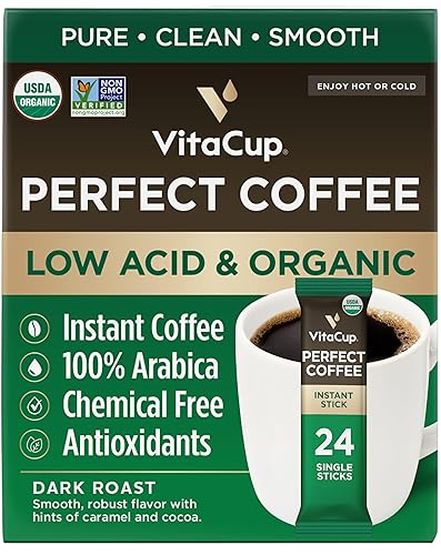 VitaCup Perfect Low Acid Instant Coffee Packets, Dark Roast Coffee, USDA Organic & Fair Trade, Third Party Tested for Mycotoxins & Pesticides, Single