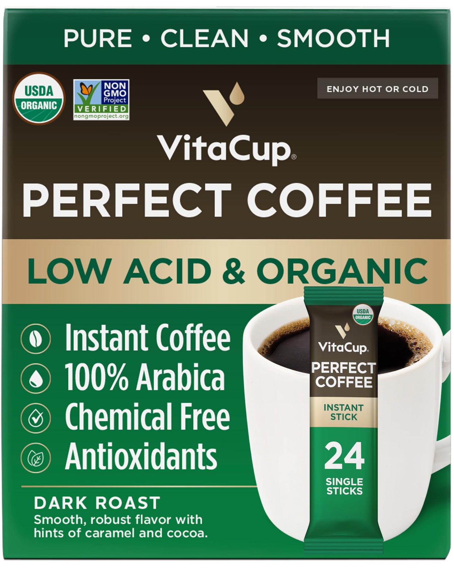 VitaCup Perfect Low Acid Instant Coffee Packets, Dark Roast Coffee, USDA Organic & Fair Trade, Third Party Tested for Mycotoxins & Pesticides, Single
