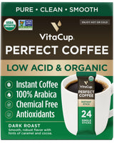 VitaCup Perfect Low Acid Instant Coffee Packets, Dark Roast Coffee, USDA Organic & Fair Trade, Third Party Tested for Mycotoxins & Pesticides, Single