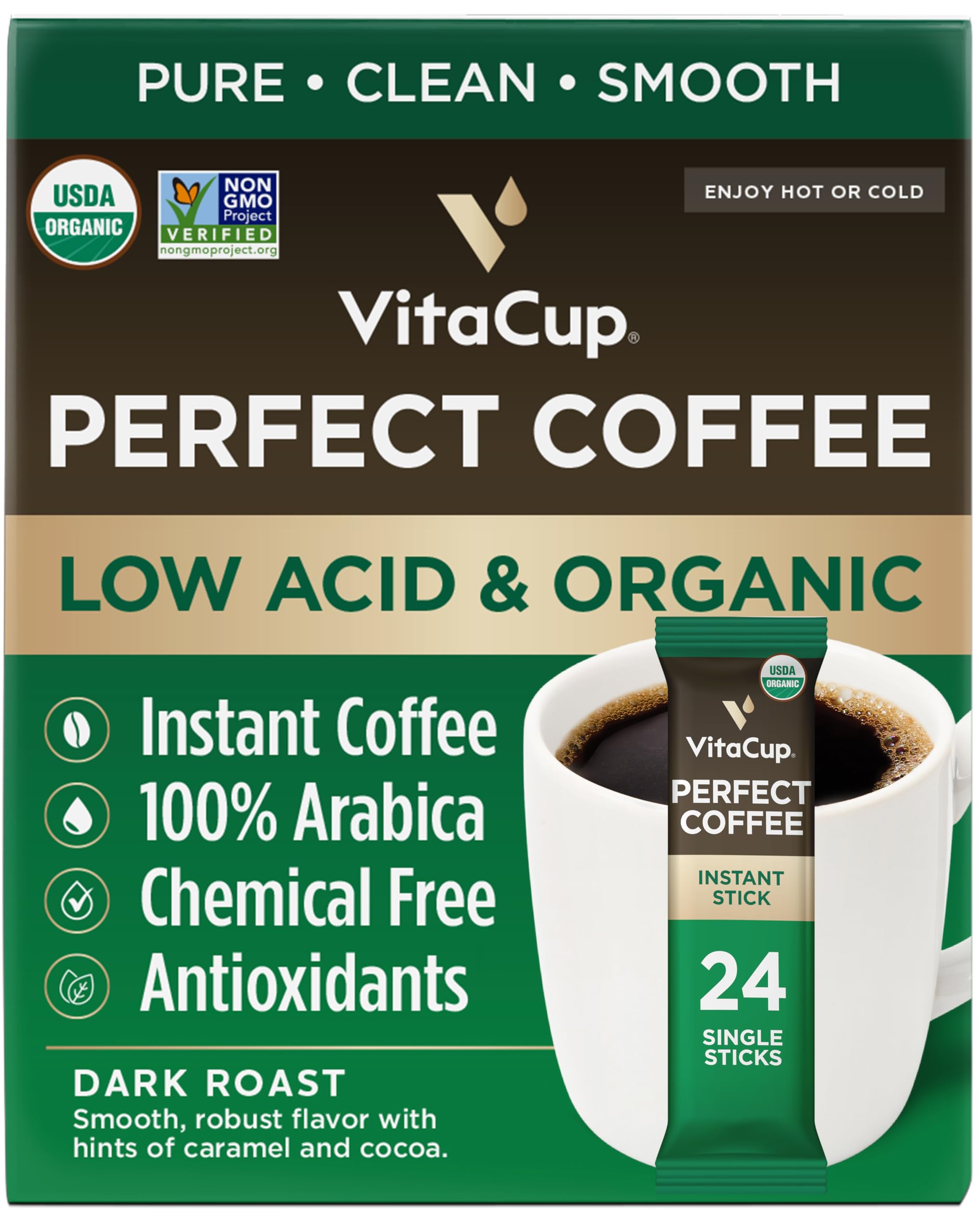 VitaCup Perfect Low Acid Instant Coffee Packets, Dark Roast Coffee, USDA Organic & Fair Trade, Third Party Tested for Mycotoxins & Pesticides, Single