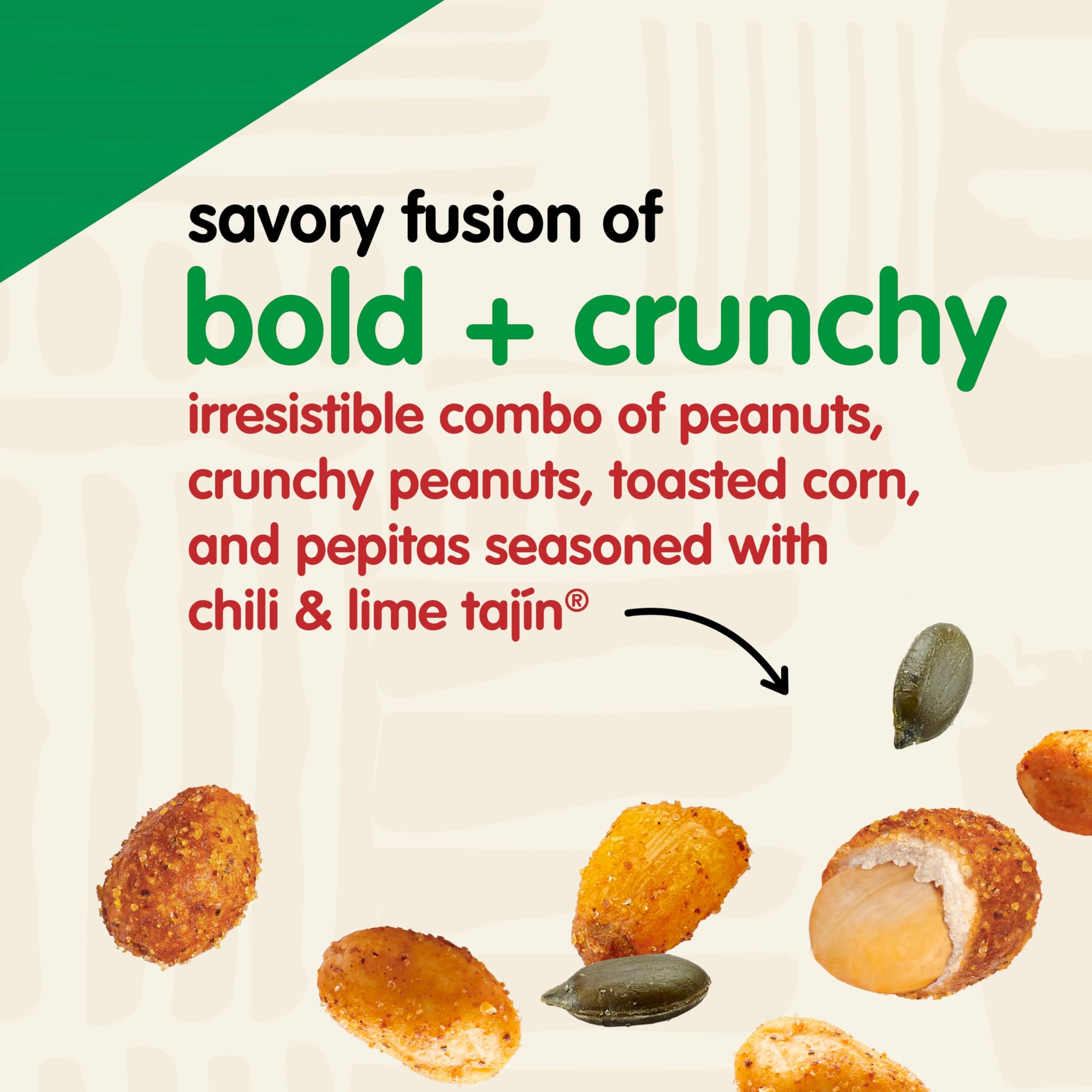 Snak Club Tajin Fiesta Snack Mix, Peanuts, Crunchy Peanuts, Toasted Corn, and Pepitas with Chili and Lime Seasoning, Mild, 11 oz Resealable Bag