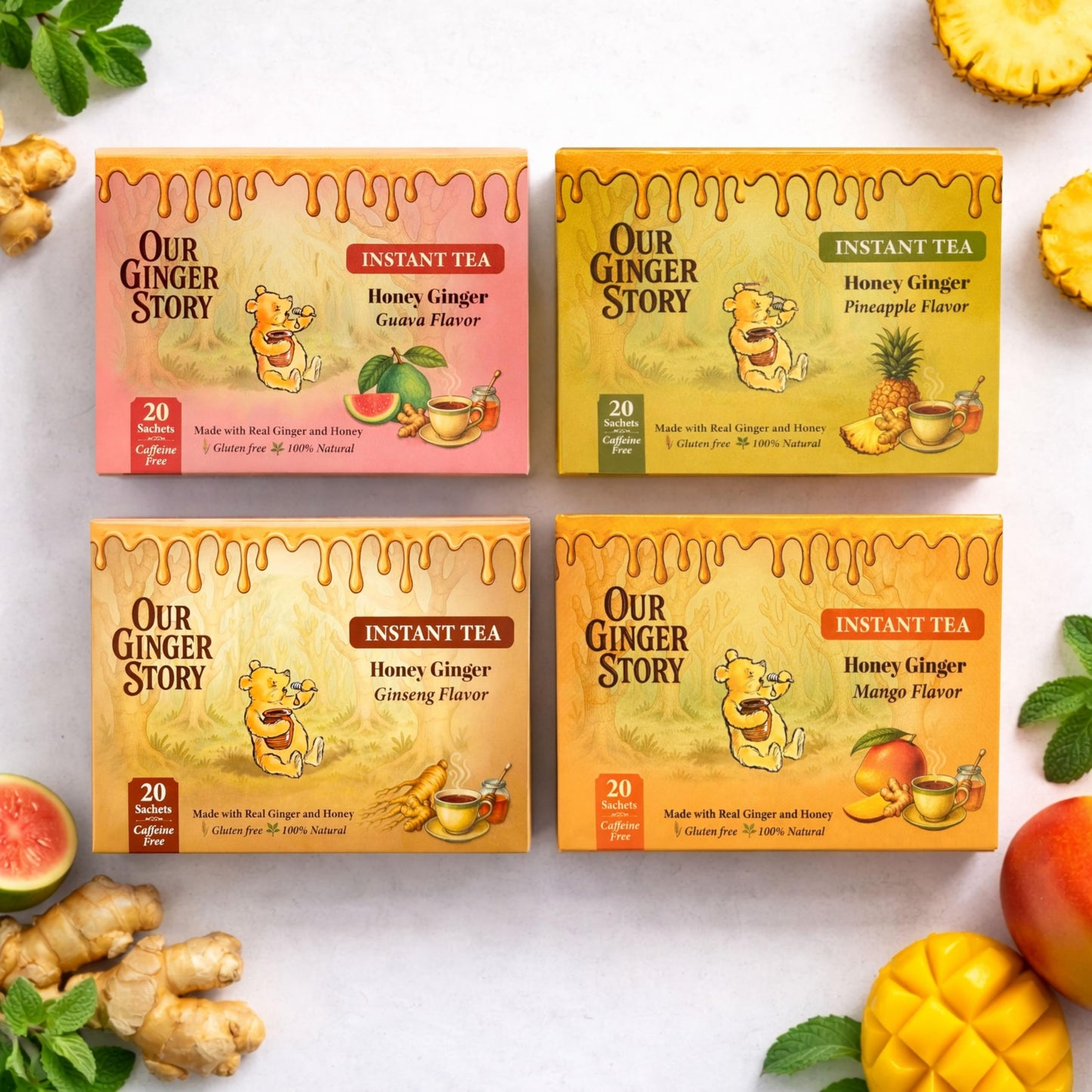 Premium Honey Ginger Instant Tea Crystals, With Ginseng 20 Sachets Real Ginger Real Honey Pure Cane Sugar Caffeine Free Hot Or Cold Single Serve Drink