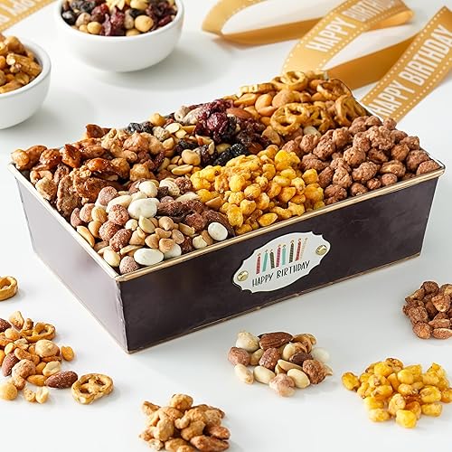Broadway Basketeers Birthday Nuts Gift Basket - Premium Healthy Assorted 6 Gourmet Nuts & Trail Mix Snacks Basket - Happy Birthday Gifts for Men