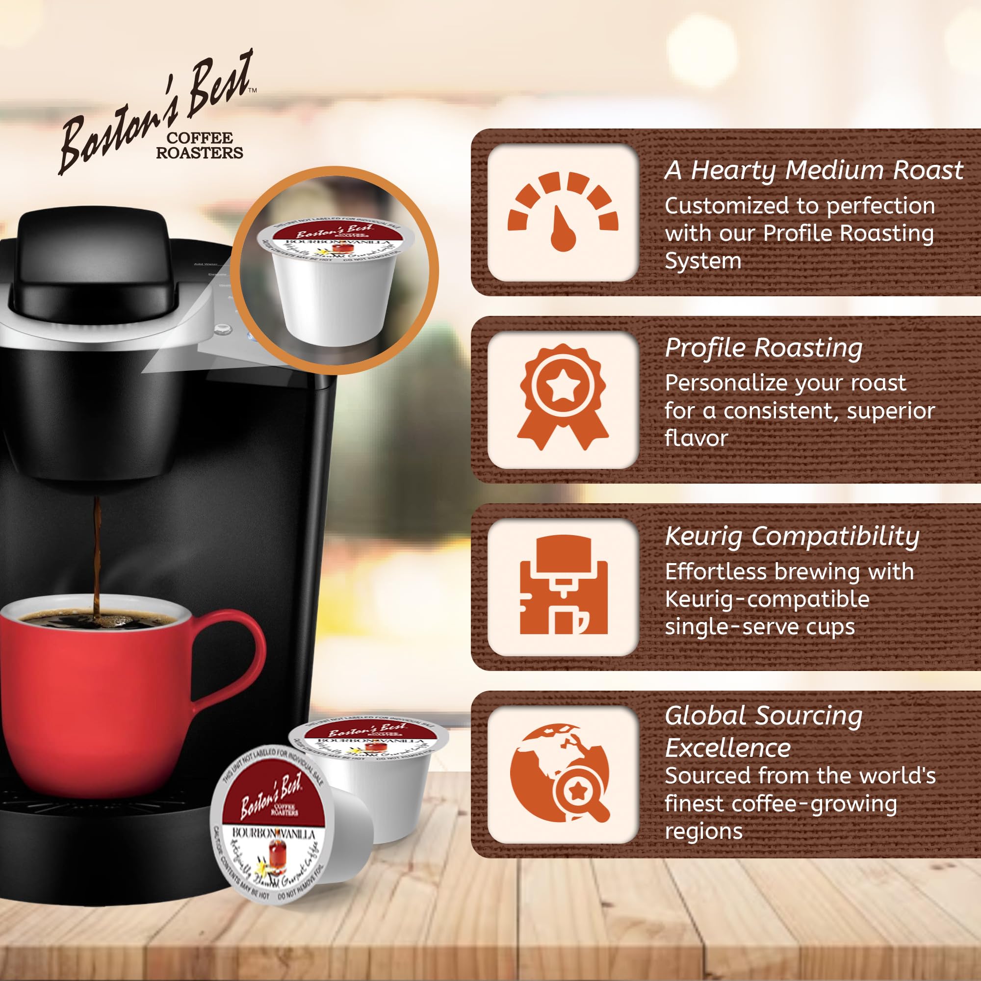 Boston’s Best - Bourbon Vanilla Coffee Blend, Tasty Flavored Blend, Gourmet Compatible with Keurig Coffee Maker, 1 Count (42 Single Serve Medium Roast