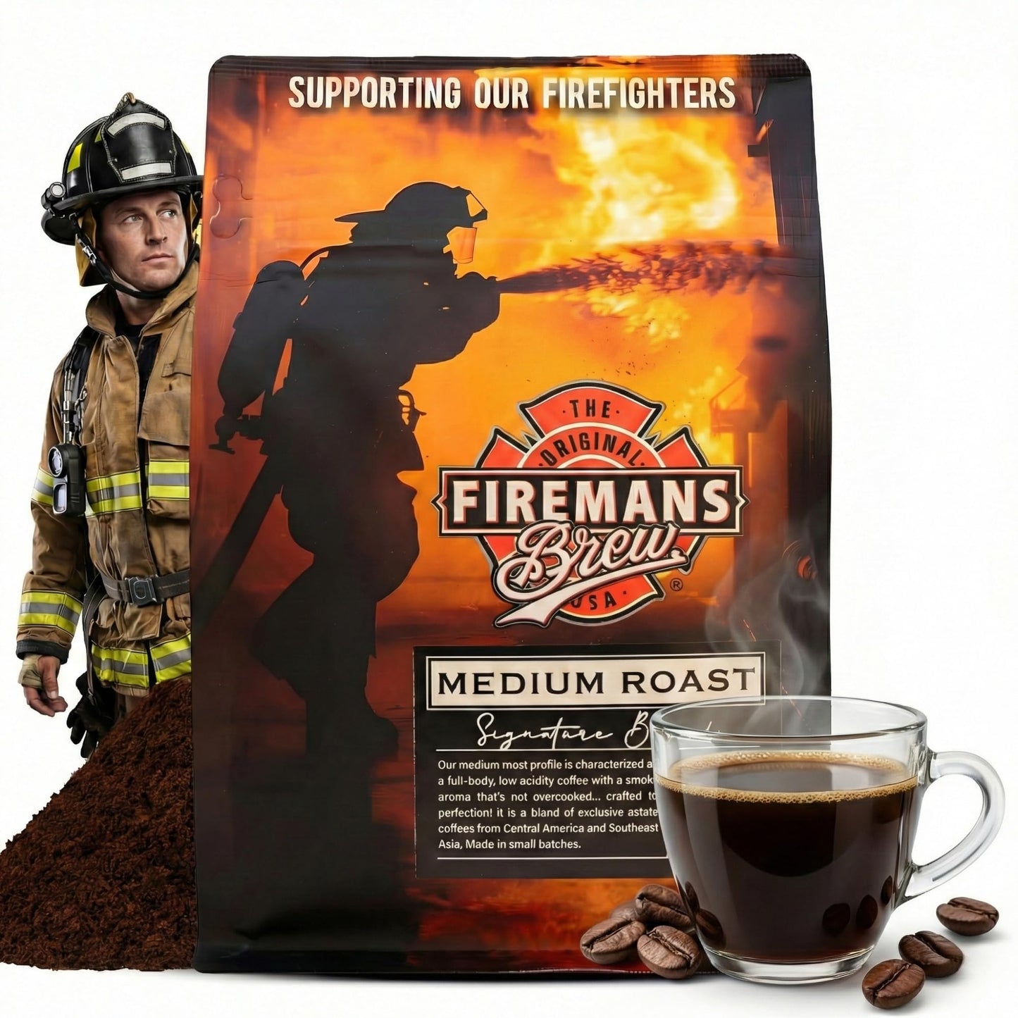Firemans Brew Medium Roast Coffee - Bold & Robust Ground Coffee - 100% Arabica Beans, Rich, Full-Bodied Flavor - Freshly Roasted Gourmet Coffee - Low
