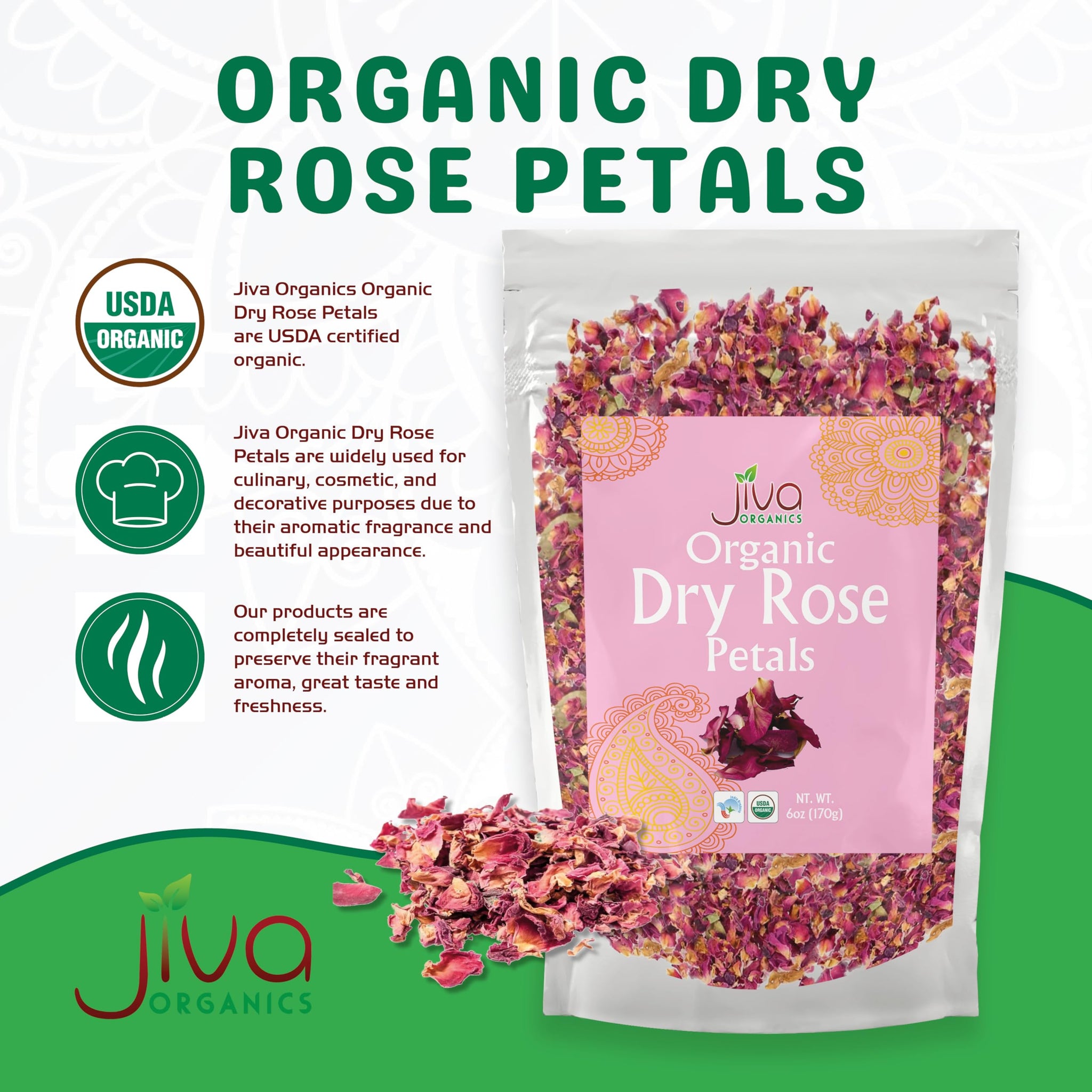 Jiva USDA Organic Dried Red Rose Petals 6 Oz (170g) Large Bag - Food Grade, Edible Flowers - Use in Tea, Baking, Making Rose Water, Crafting, Wedding