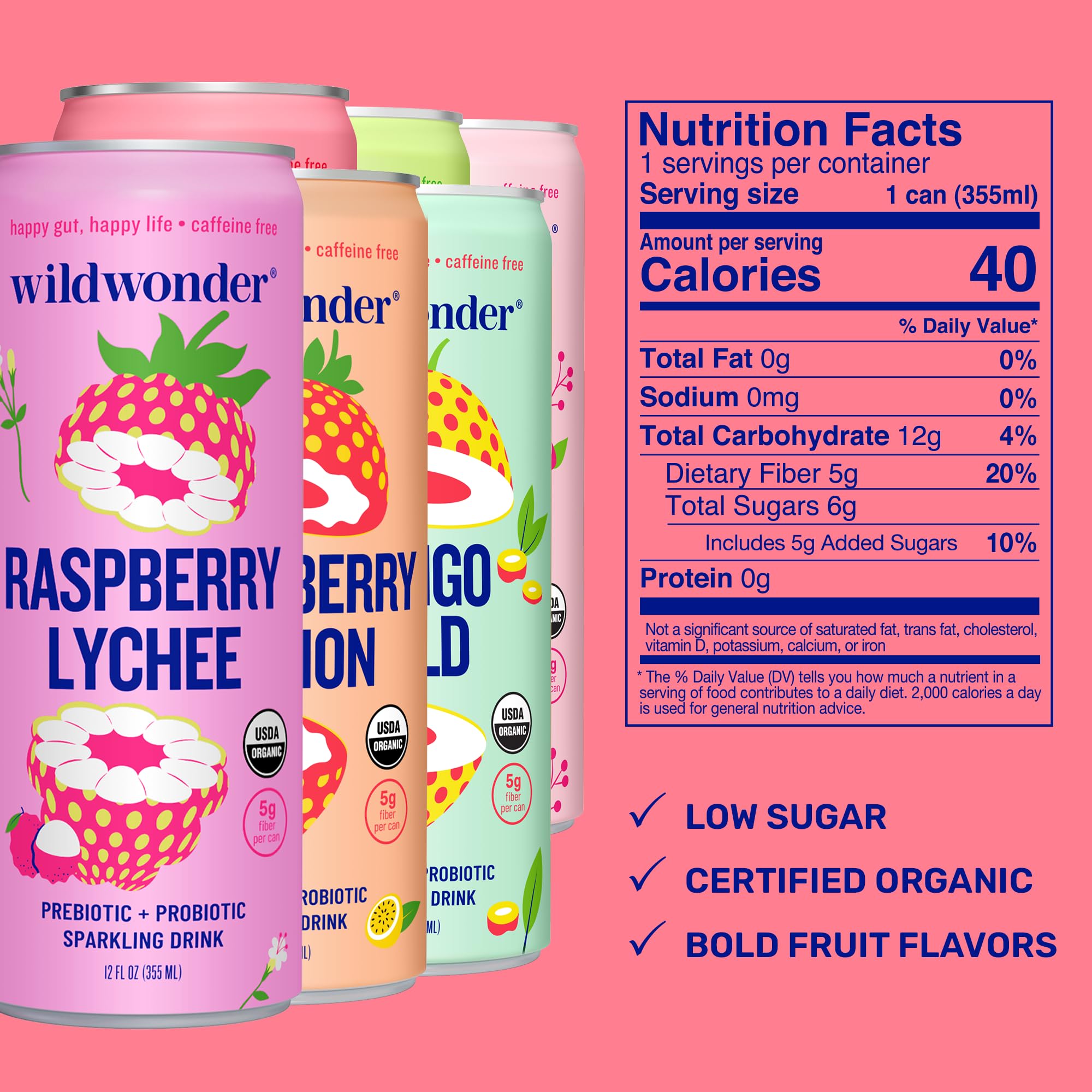 wildwonder Sparkling Probiotic Drink 6pk, For Gut Health & Immune Support, Classic Variety Pack, 5g Prebiotic Fiber, Live Probiotics, Organic, Vegan