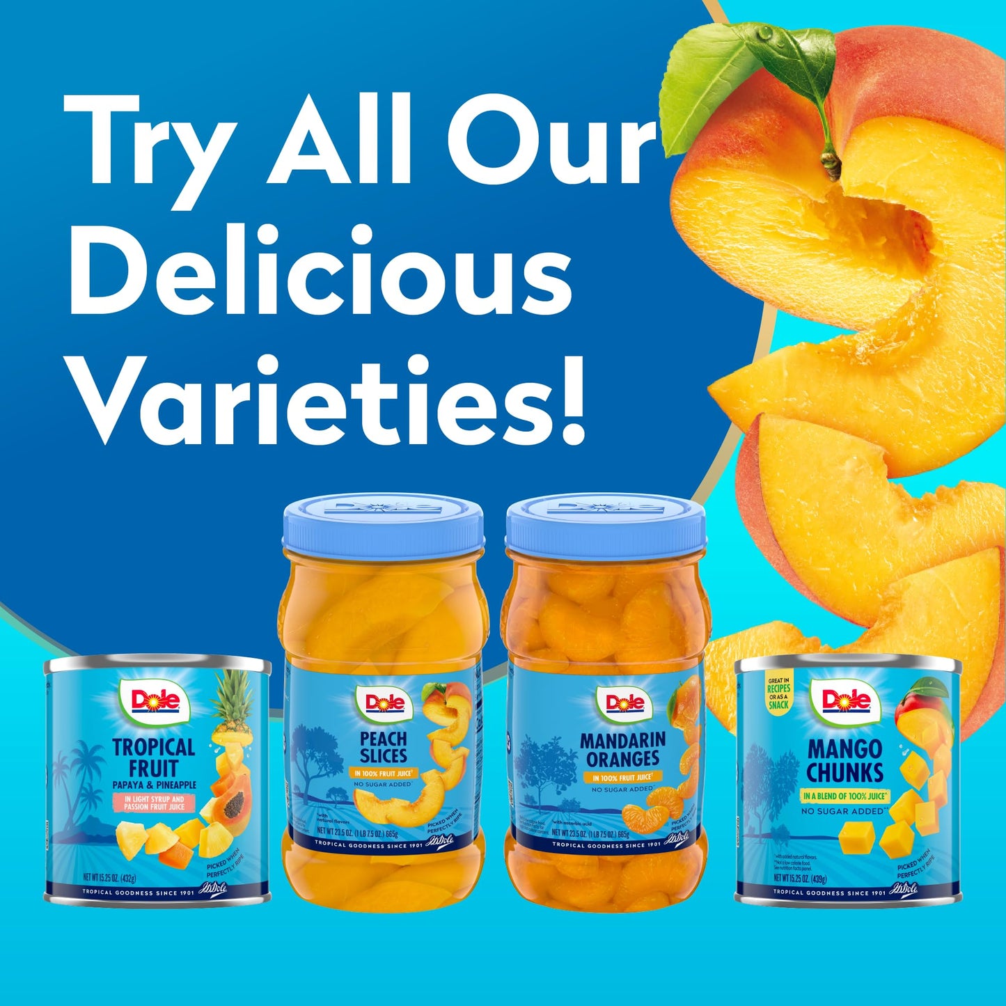 Dole Fruit Jars, Yellow Cling Sliced Peaches in 100% Fruit Juice, Gluten Free, Pantry Staples, 23.5 Oz Resealable Jar
