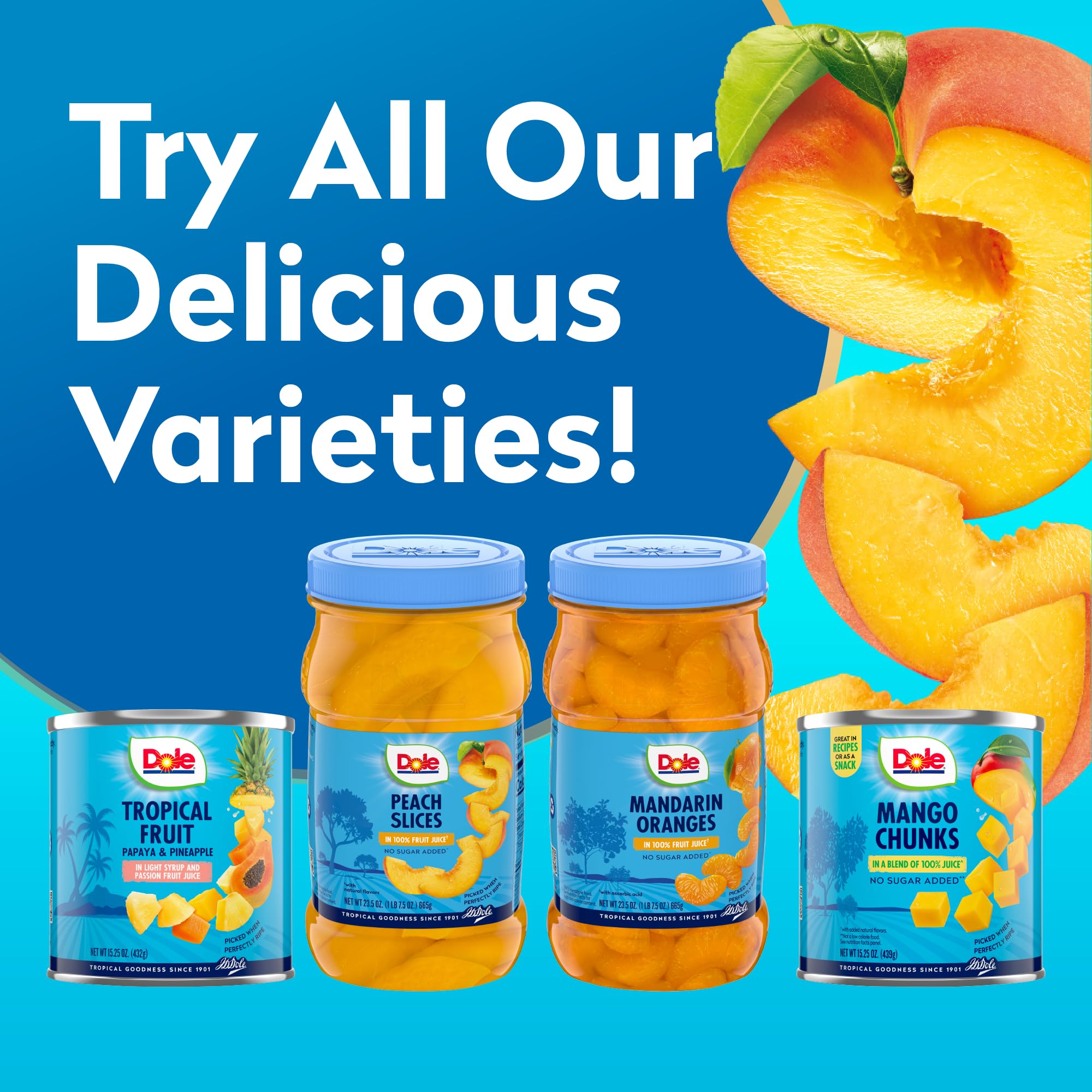 Dole Fruit Jars, Yellow Cling Sliced Peaches in 100% Fruit Juice, Gluten Free, Pantry Staples, 23.5 Oz Resealable Jar