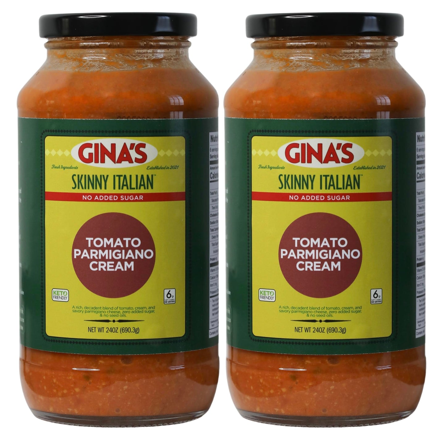 Gina’s Skinny Italian Tomato Parmigiano Cream, 2-Pack (Two 24 oz Jars) | No Sugar Added, Low Carb, Decadent, Keto & Gluten Free Pasta Sauce | Clean