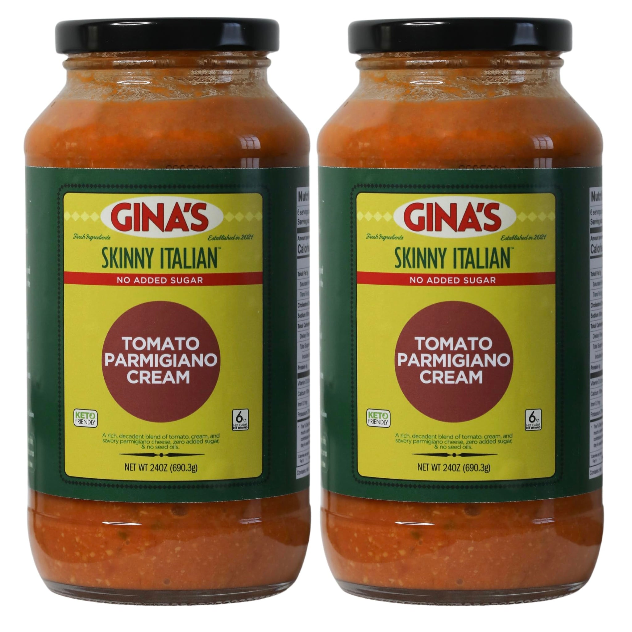 Gina’s Skinny Italian Tomato Parmigiano Cream, 2-Pack (Two 24 oz Jars) | No Sugar Added, Low Carb, Decadent, Keto & Gluten Free Pasta Sauce | Clean