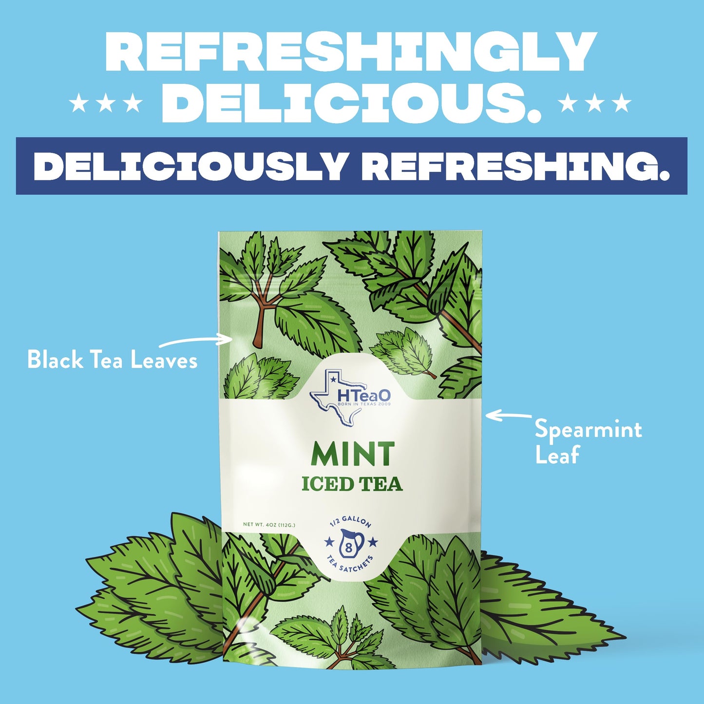 HTeaO Mint Black Tea Packets - Makes 4 Gallons of Naturally Sweet Texas-Style Iced Tea in 5 Minutes - Large Tea Sachets for Parties, Family