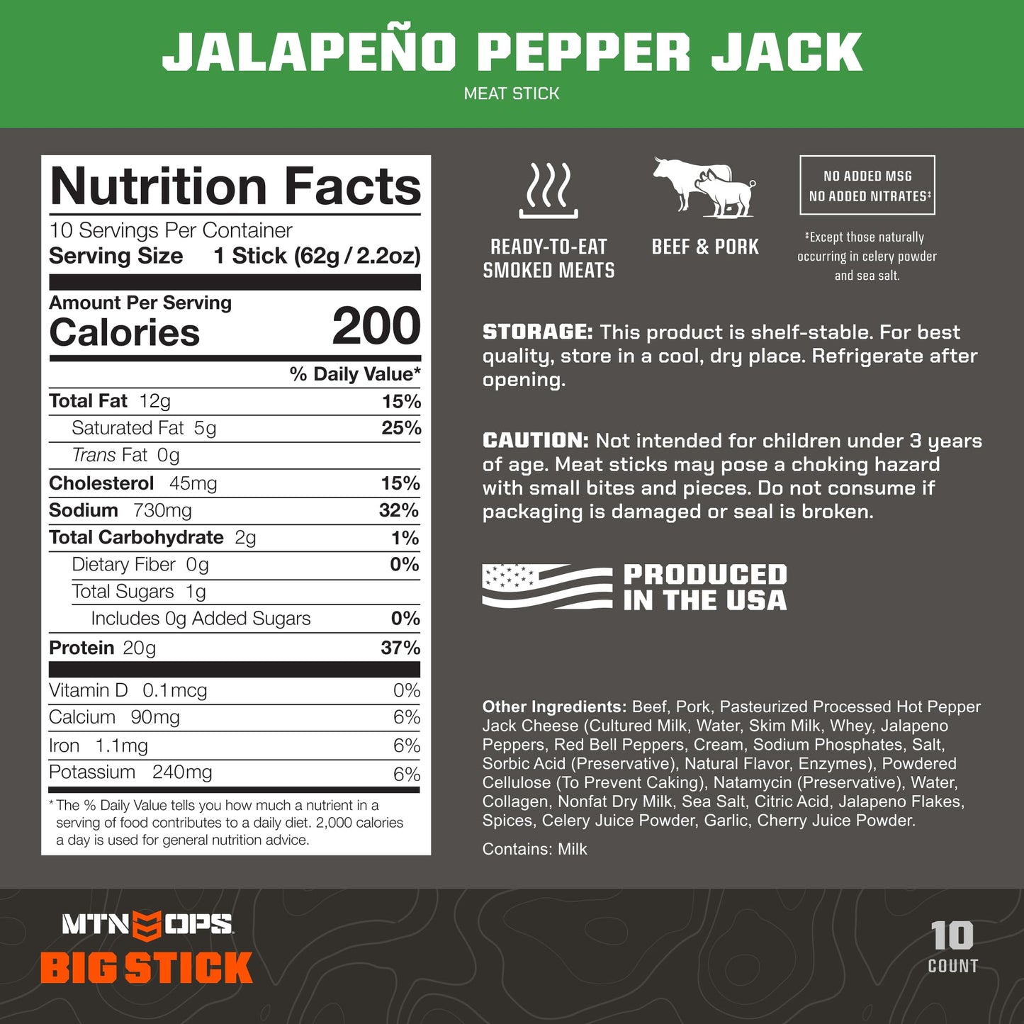 MTN OPS Big Stick High Protein Meat Sticks - 20g Protein, 10% Collagen - Jalapeño Pepper Jack Flavor - Individually Wrapped Beef Snacks - 10 Count