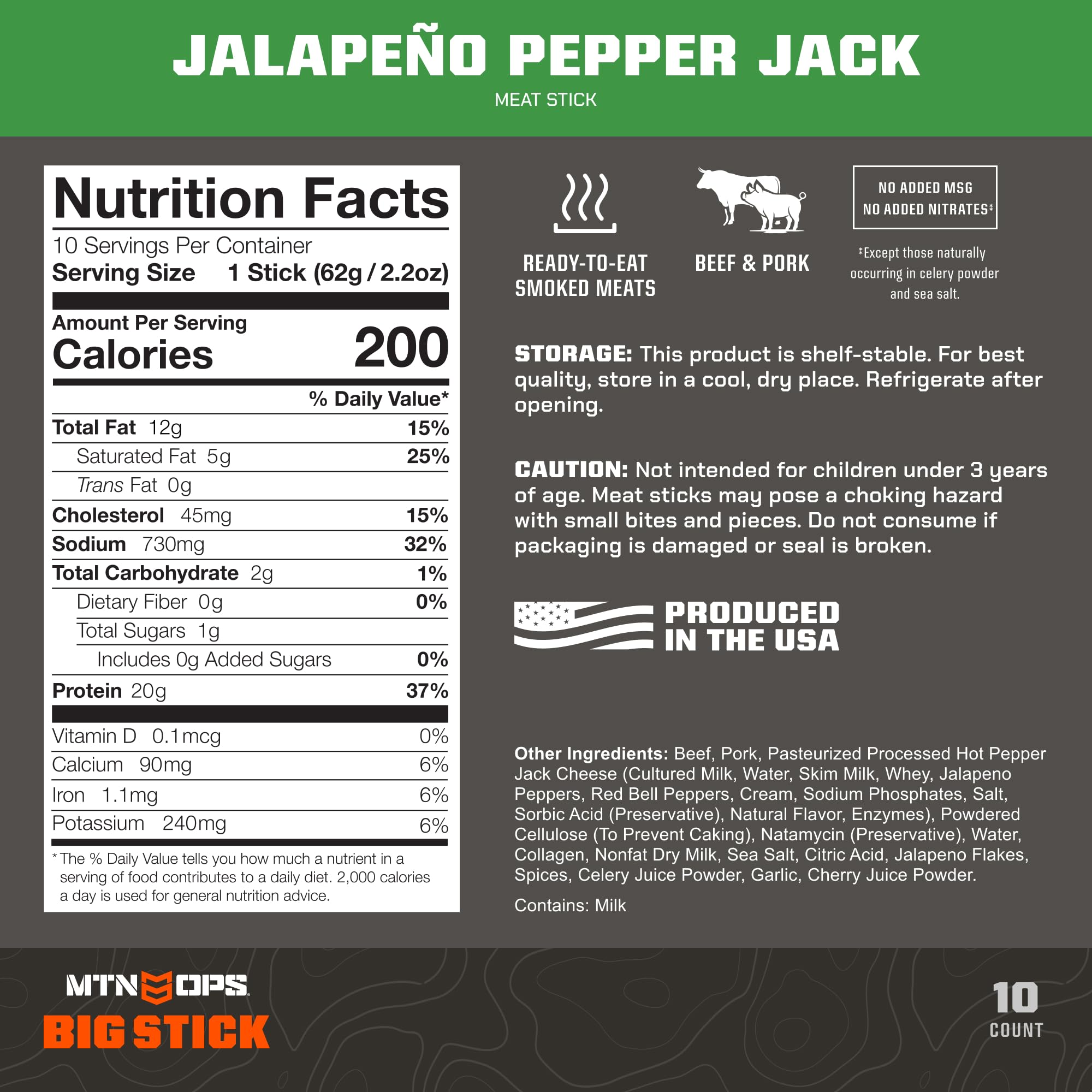 MTN OPS Big Stick High Protein Meat Sticks - 20g Protein, 10% Collagen - Jalapeño Pepper Jack Flavor - Individually Wrapped Beef Snacks - 10 Count