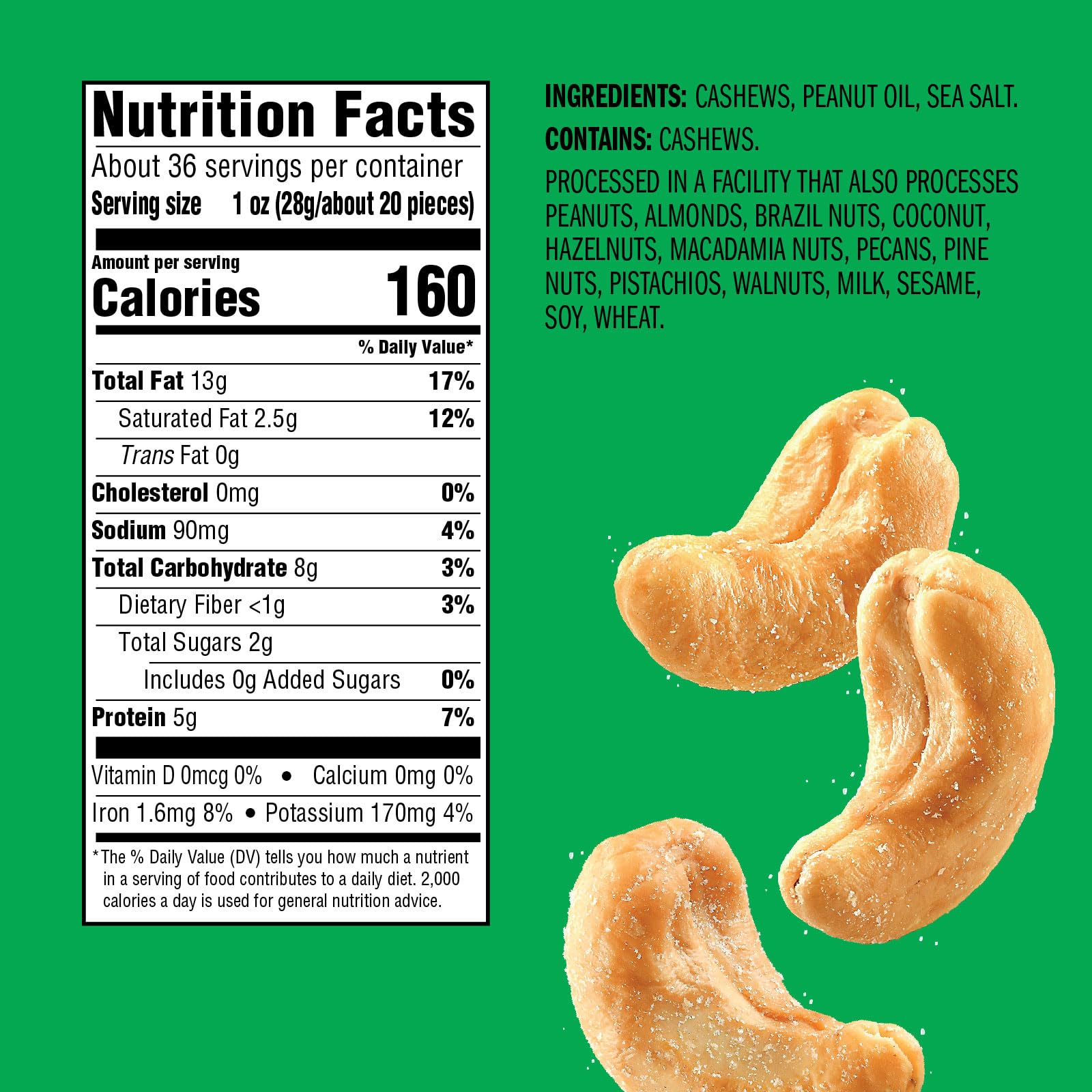 Emerald Nuts Roasted and Salted Whole Cashews (1-Pack), 5oz Resealable Bag, Plant-Based Protein, Kosher Certified, Non-GMO, Contains No Artificial