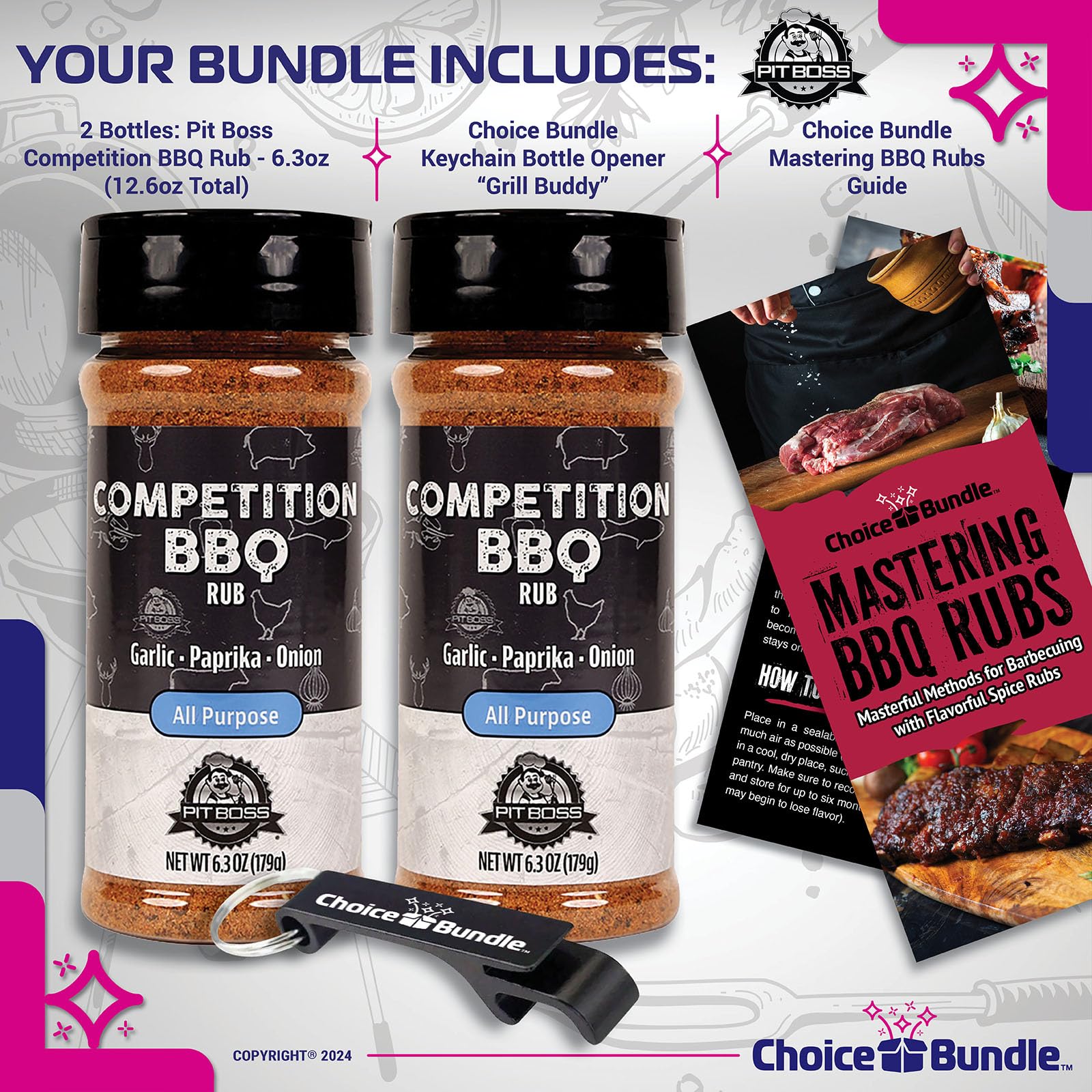 Pit Boss Competition BBQ All Purpose AP Premium Barbecue Mixed Seasoning Spice & Rub 2 pk Choice Bundle (12.6 oz) + Guide & Keychain Bottle Opener (4