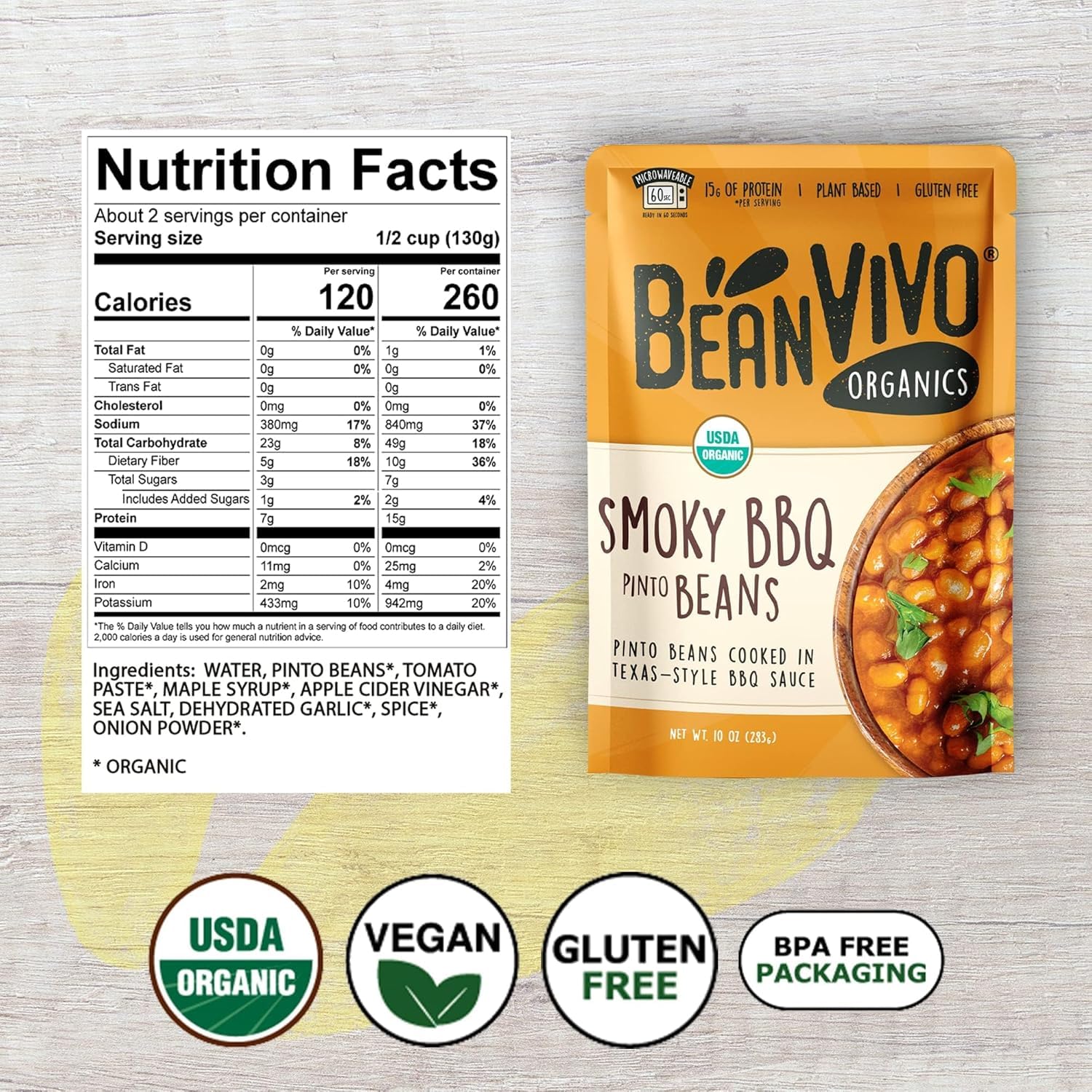 BeanVIVO (Pack of 12) Organics 15g Plant based Protein BBQ Pinto Beans - Good Source of Fiber - Nutritious & Microwave Meals - Gluten-Free Plant Food