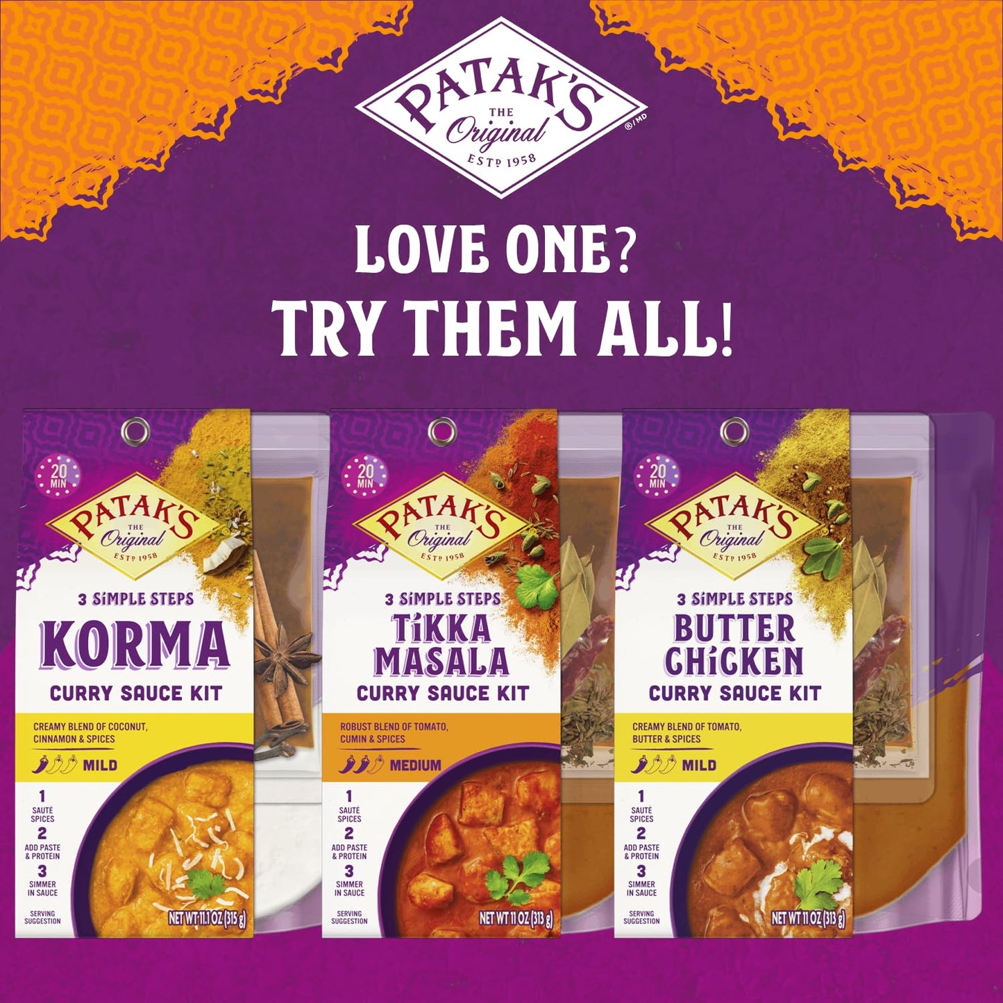 Patak’s 3-Step Curry Sauce Kit Variety Pack (1 Tikka Masala, 1 Butter Chicken) - Vegetarian Meal Kit for Easy Home Cooking - Includes Whole Spices
