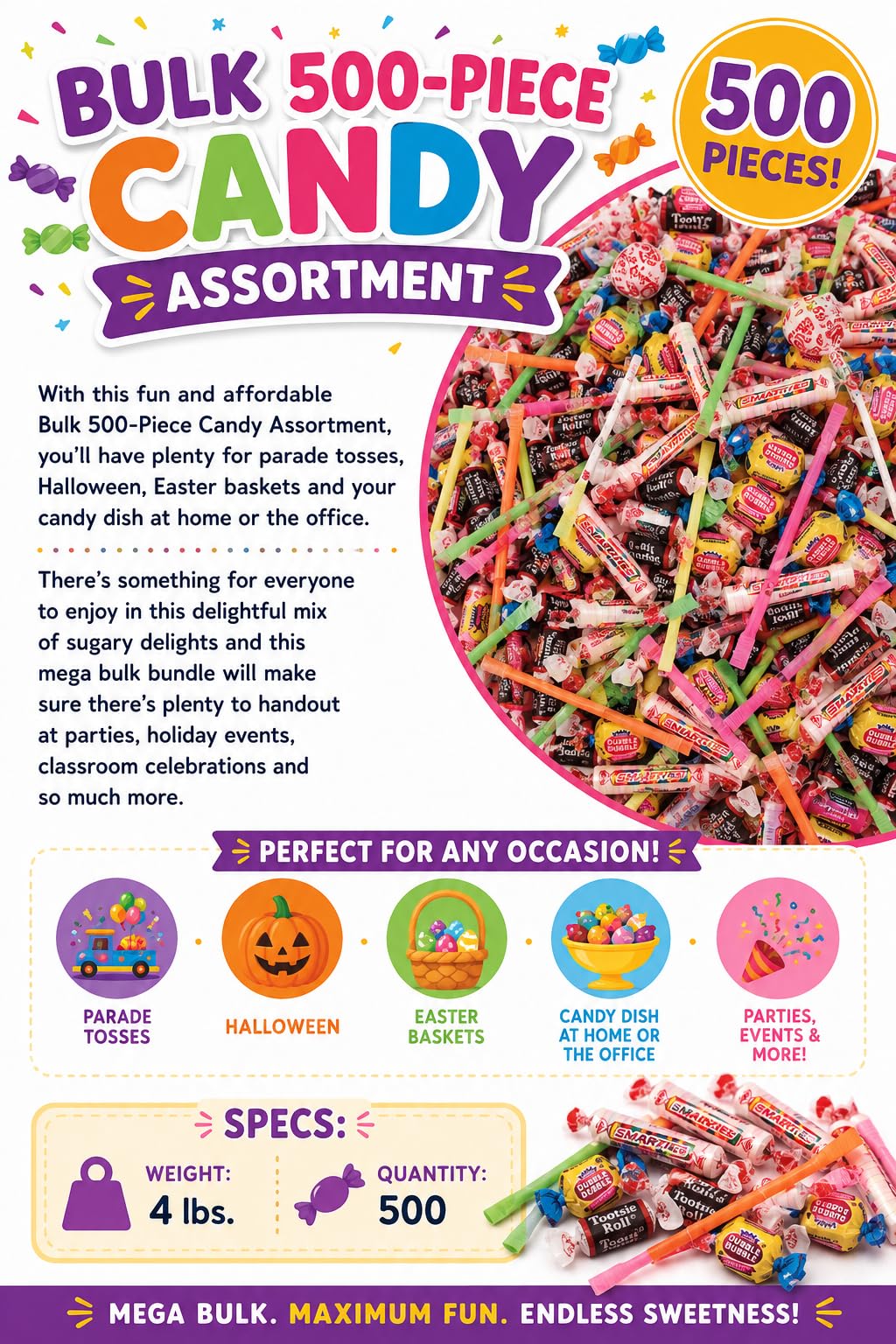 Fun Express Bulk Candy Variety Packs, 4 LB, 500 Pcs