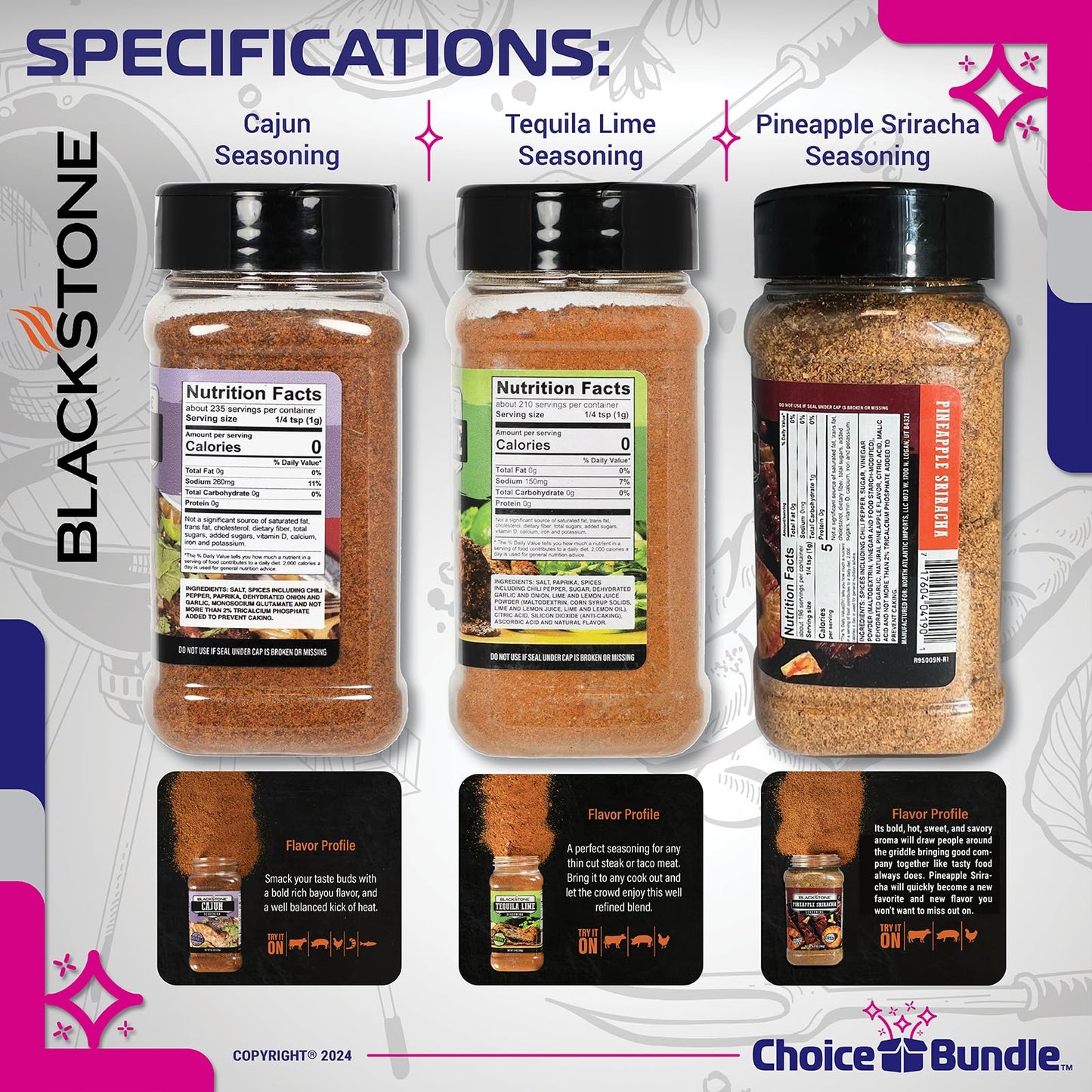 Blackstone Cajun, Pineapple Sriracha, Tequila Lime Seasoning - Gourmet Griddle Premium BBQ Barbecue Rub 3 Pk Choice Bundle (22.6 oz) + BBQ Guide