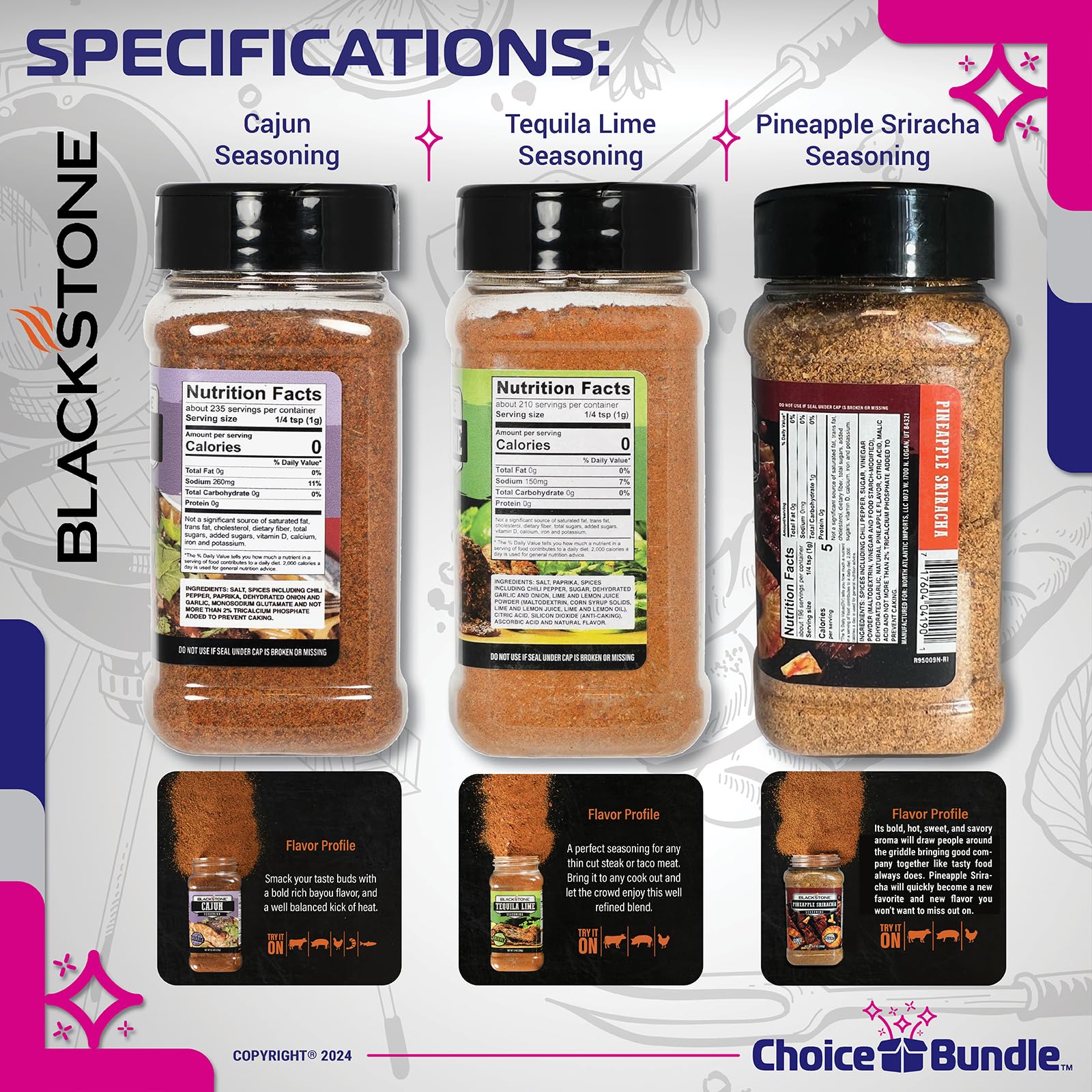 Blackstone Cajun, Pineapple Sriracha, Tequila Lime Seasoning - Gourmet Griddle Premium BBQ Barbecue Rub 3 Pk Choice Bundle (22.6 oz) + BBQ Guide