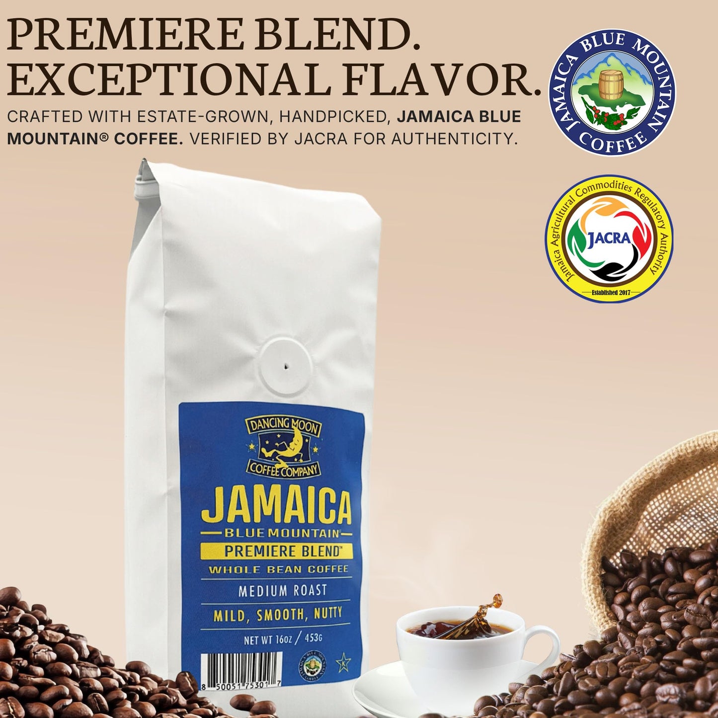 Dancing Moon Jamaica Blue Mountain® Premiere Blend, Medium Roast, WHOLE BEAN Coffee