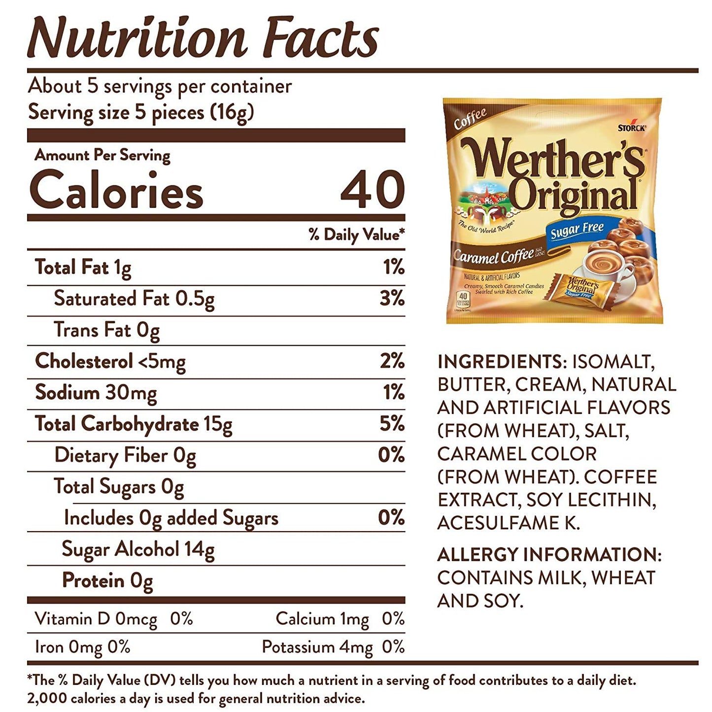 Werther's Original Sugar Free Caramel Coffee Hard Candies - Individually Wrapped Hard Candies for Halloween, Parties, or Snacks - 2.75 oz Bags (Pack
