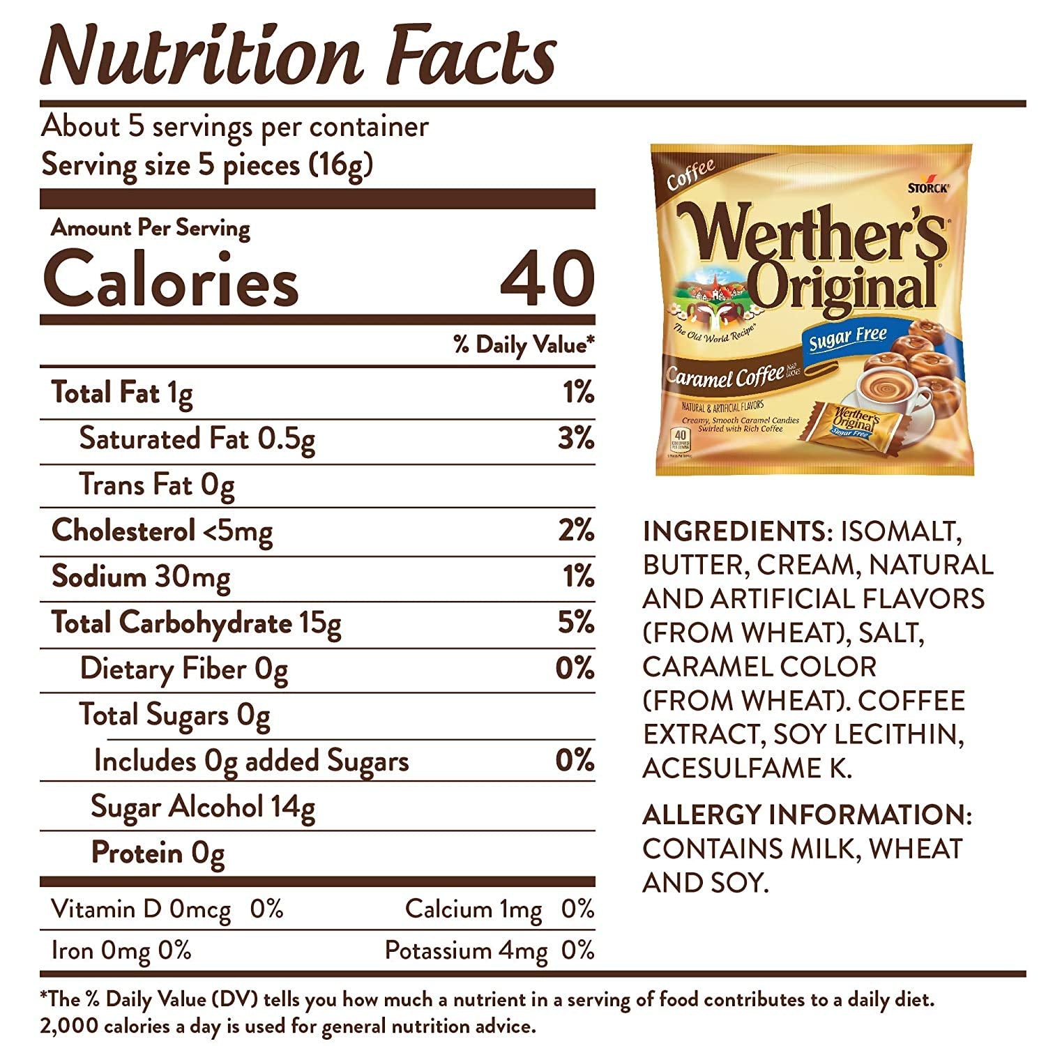 Werther's Original Sugar Free Caramel Coffee Hard Candies - Individually Wrapped Hard Candies for Halloween, Parties, or Snacks - 2.75 oz Bags (Pack