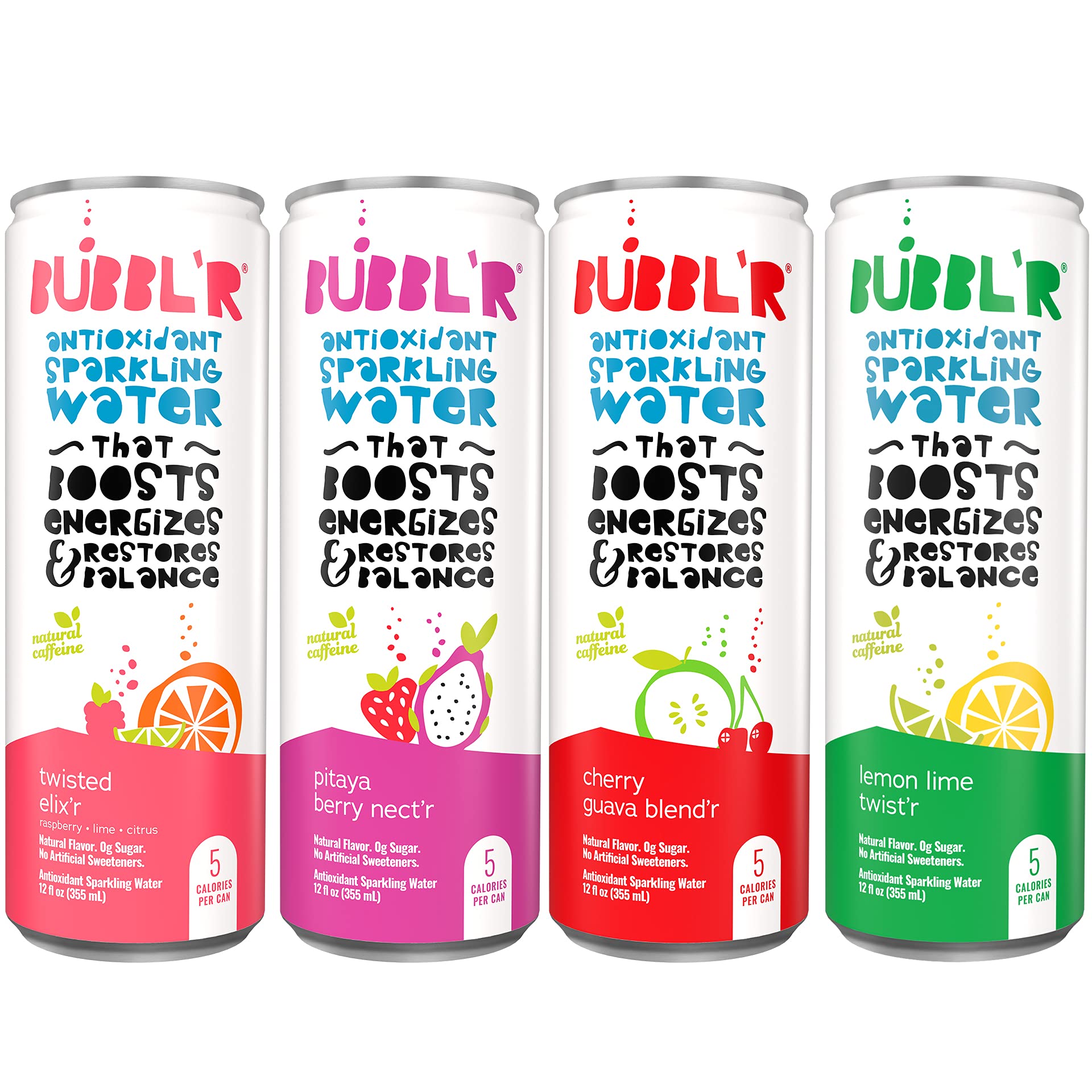 BUBBL'R Antioxidant Sparkling Water, Variety Pack (twisted elixi'r, pitaya berry nect'r, cherry guava blend'r, and lemon lime twist'r), 12 Fluid Ounce