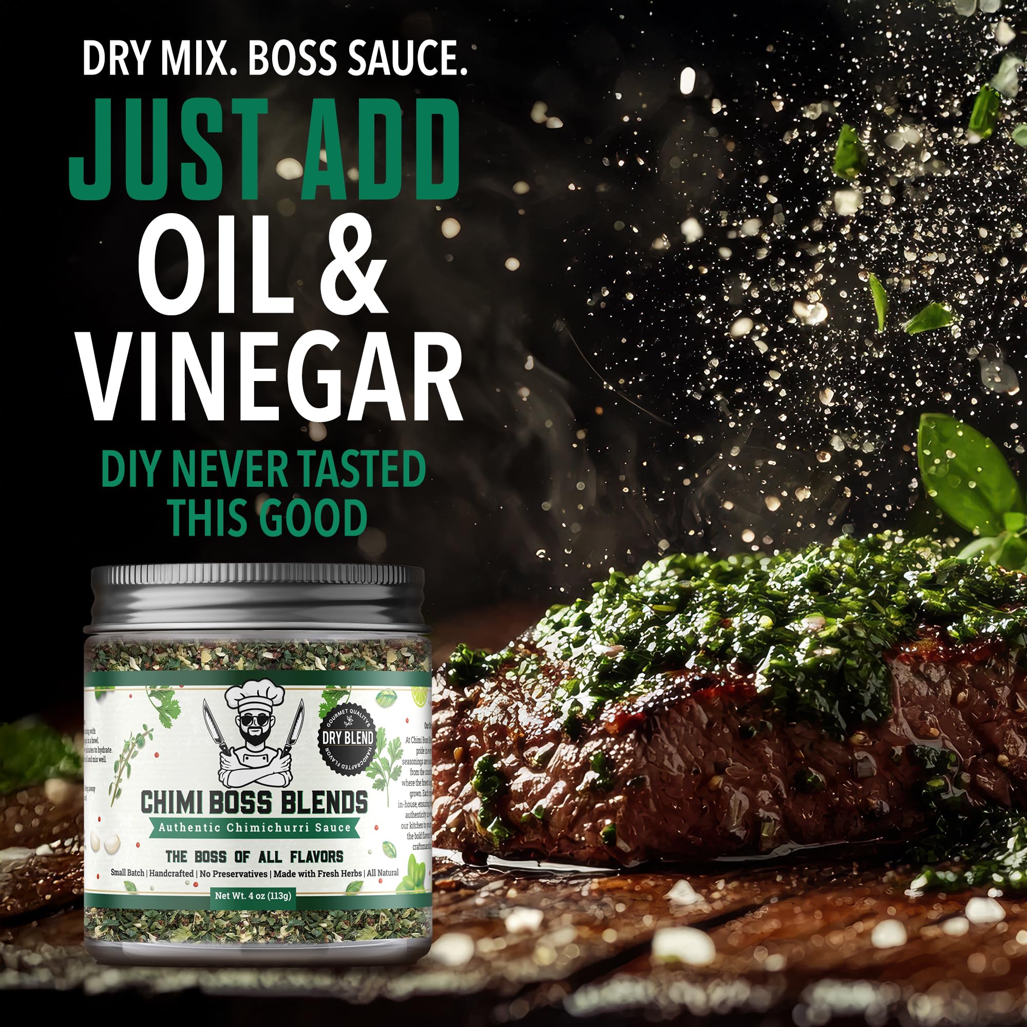 Chimi Boss Blends Chimichurri Original Dry Seasoning, 4 oz - Argentinian Herb & Garlic Rub with Parsley & Chili Flakes - All Natural Seasoning or DIY